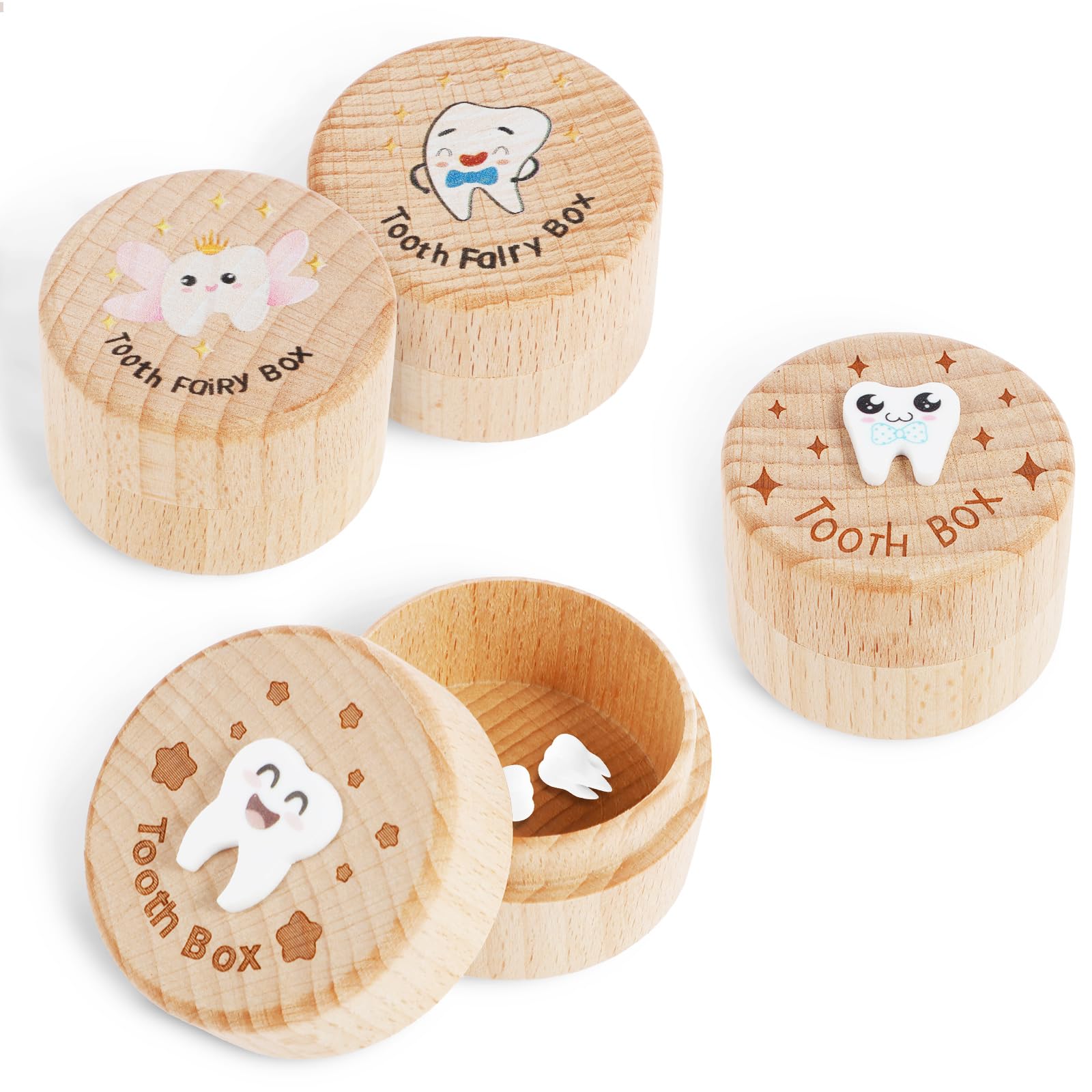 4 Pcs Wooden Tooth Storage Box for Kids - Lost Teeth Container, Baby Tooth Keepsake Box for Boys & Girls - Perfect for Tooth Fairy Gifts, Birthday Presents & Childhood Memory Preservation