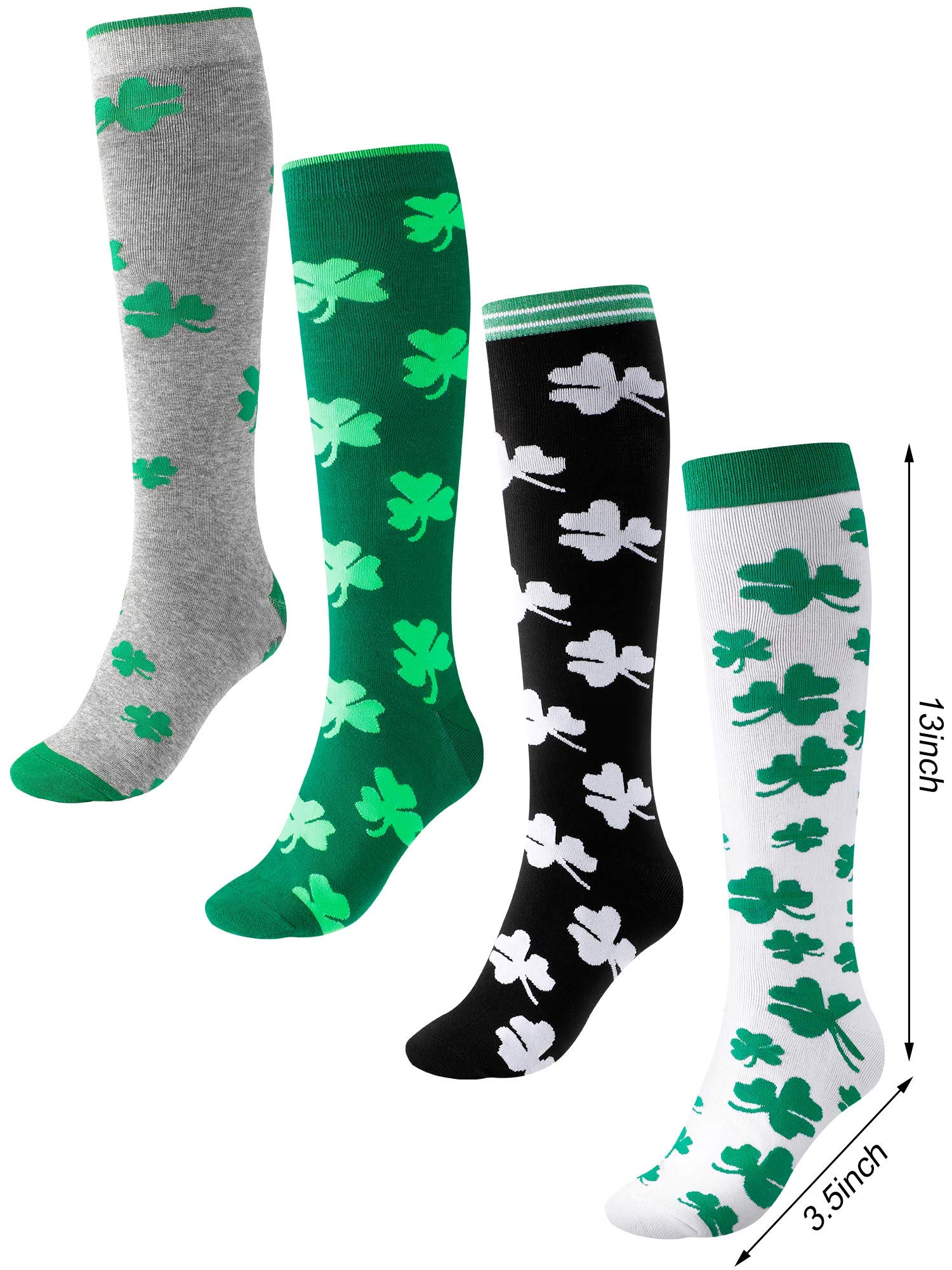 Geyoga 4 Pairs St. Patrick's Day Knee High Stockings - Shamrock Clover Irish Costume Socks for St. Patrick's Day, Mardi Gras, Halloween & Cosplay Parties - Festive Daily Wear Socks for Women & Girls