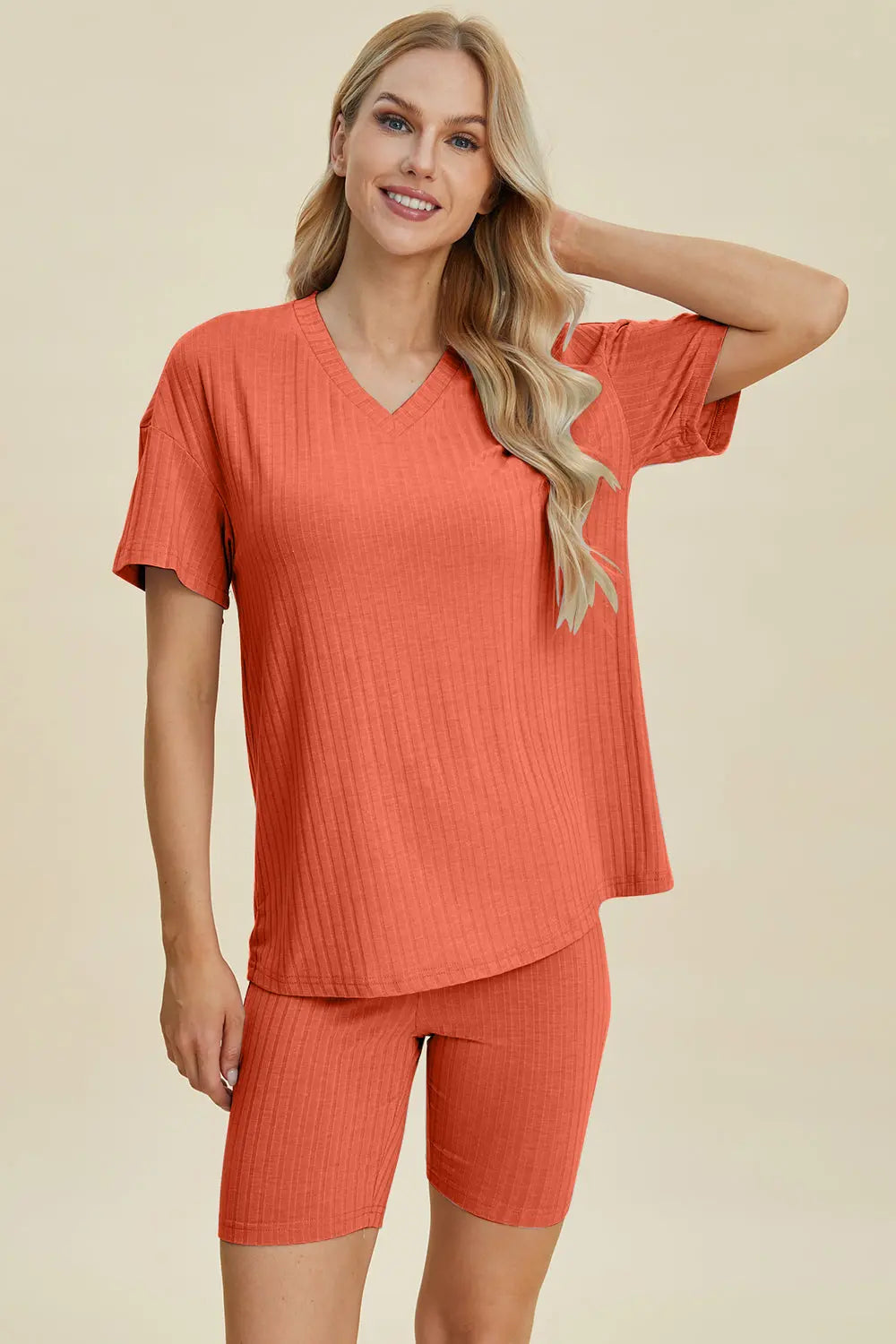 Basic Bae Full Size Ribbed V Neck Short Sleeve Top and Shorts Set - Women's Casual Summer Outfit for Beach, Lounge & Everyday Wear