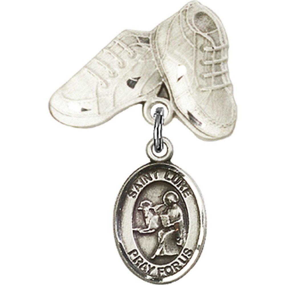 St. Luke Apostle Sterling Silver Baby Badge Charm with Baby Boots Pin - 1 X 5/8 Inch Religious Jewelry for Christening, Baptism & Newborn Gifts