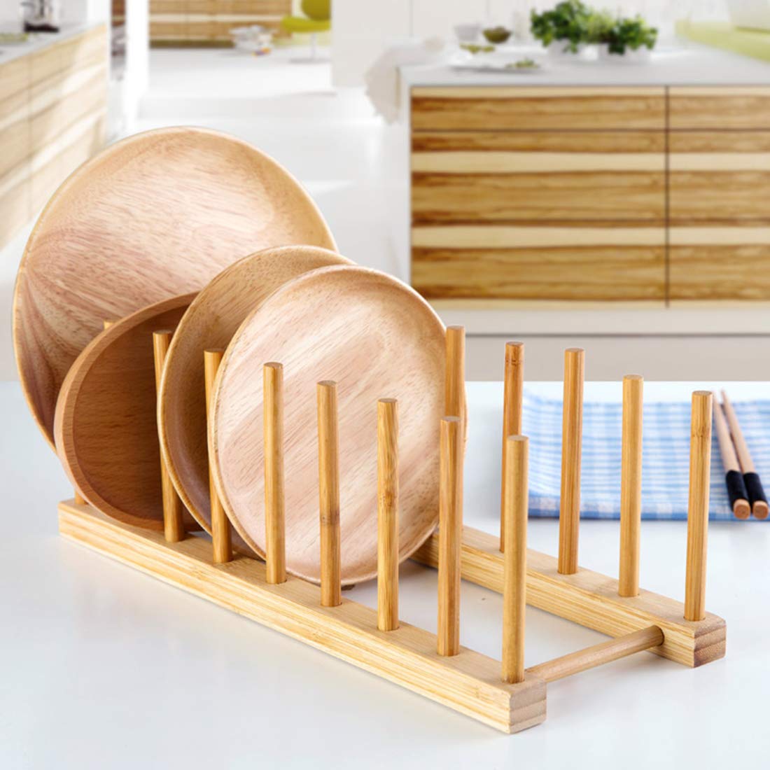 Lawei 6-Piece Bamboo Dish Rack Set - 3/6/8 Slot Wooden Plate Drying Rack with Pot Lid Holder for Dishes, Bowls, Cups & Cutting Boards | Space-Saving Kitchen Organizer for Countertop, Sink & Cabinet Storage