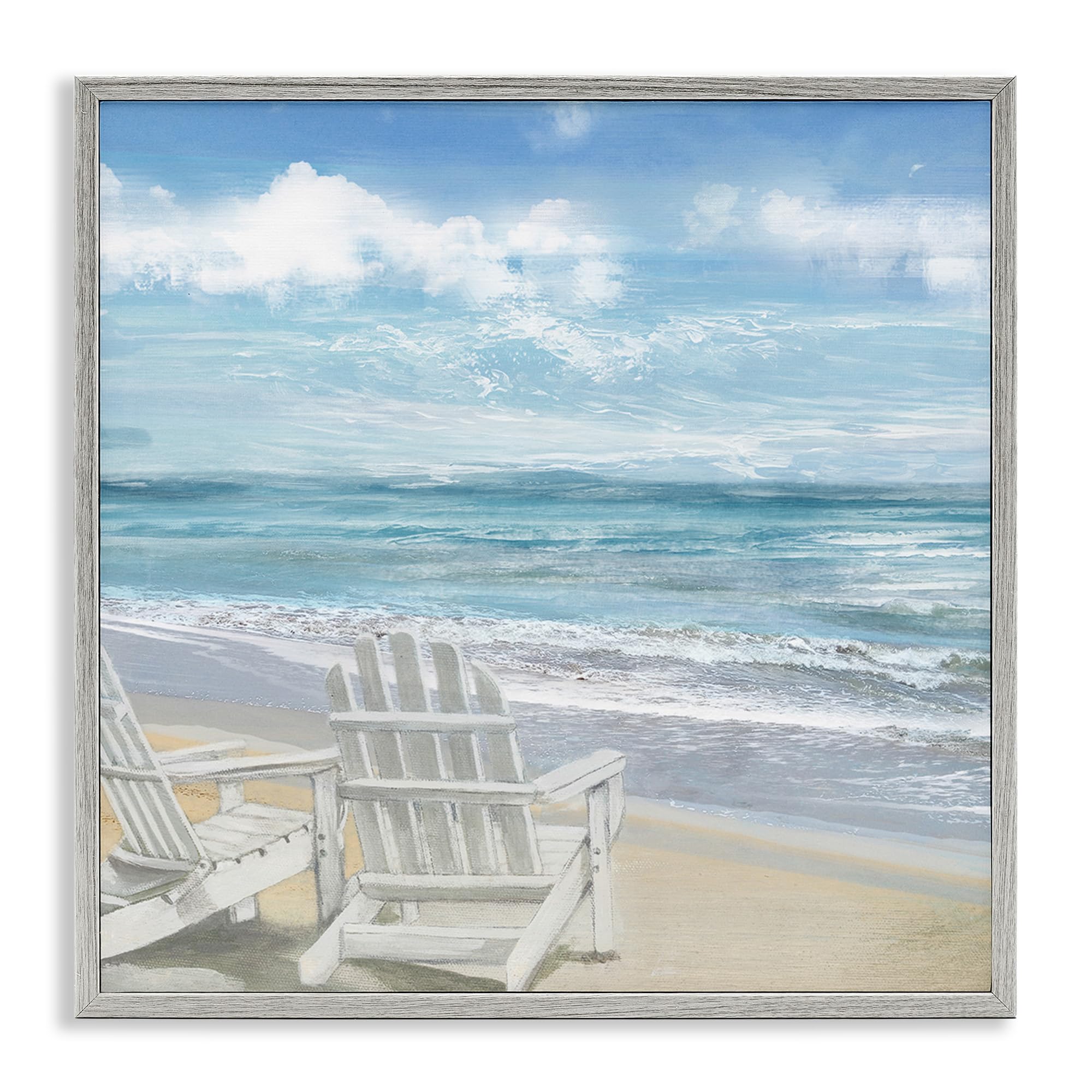 Stupell Industries White Adirondack Chairs Beach Painting - 17x17 Grey Framed Wall Art Decor for Living Room, Bedroom & Coastal Home