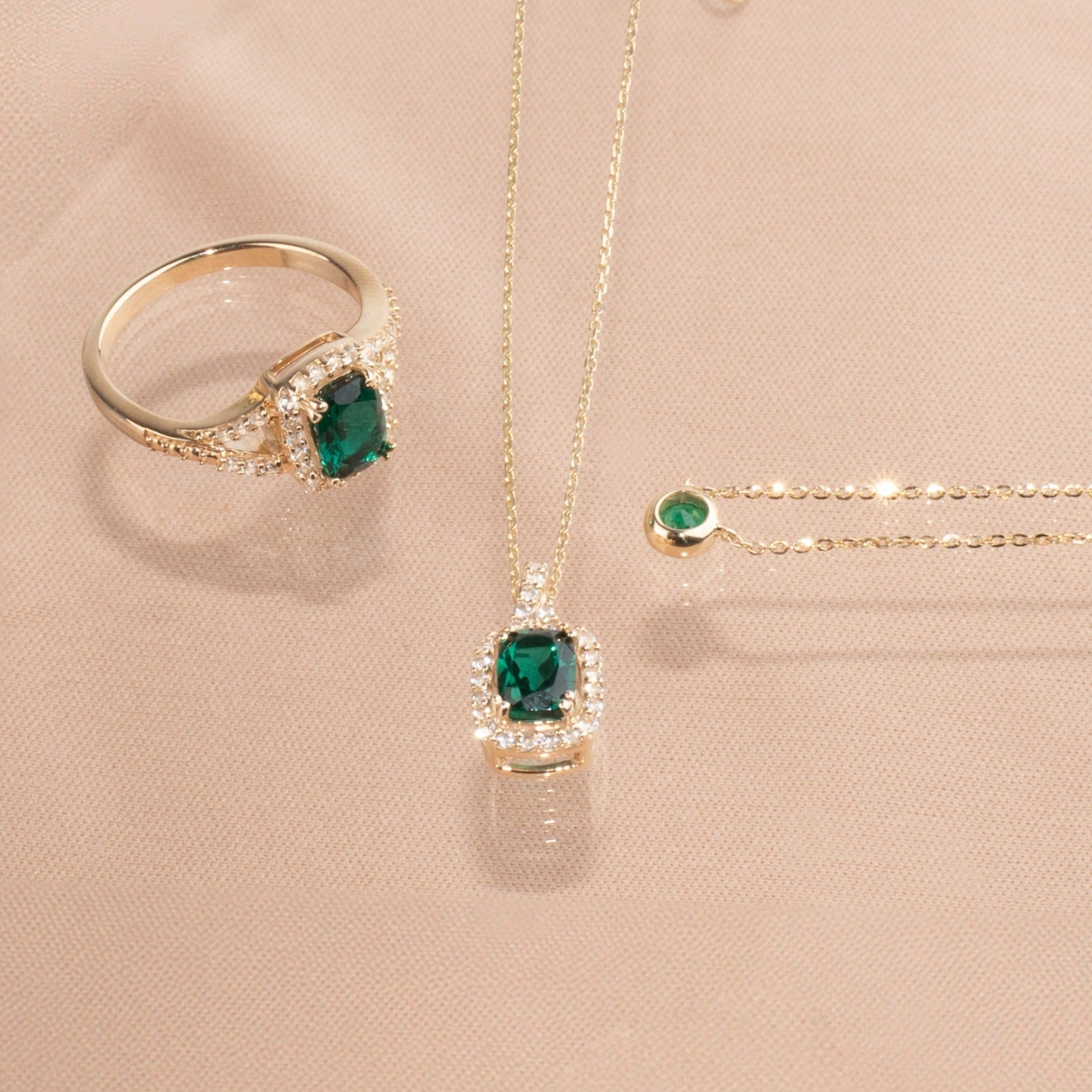 Cushion Cut Emerald Ring with White Sapphire Halo & Split Shank in 10K Yellow Gold | Elegant Engagement, Wedding, Anniversary Jewelry Gift for Her