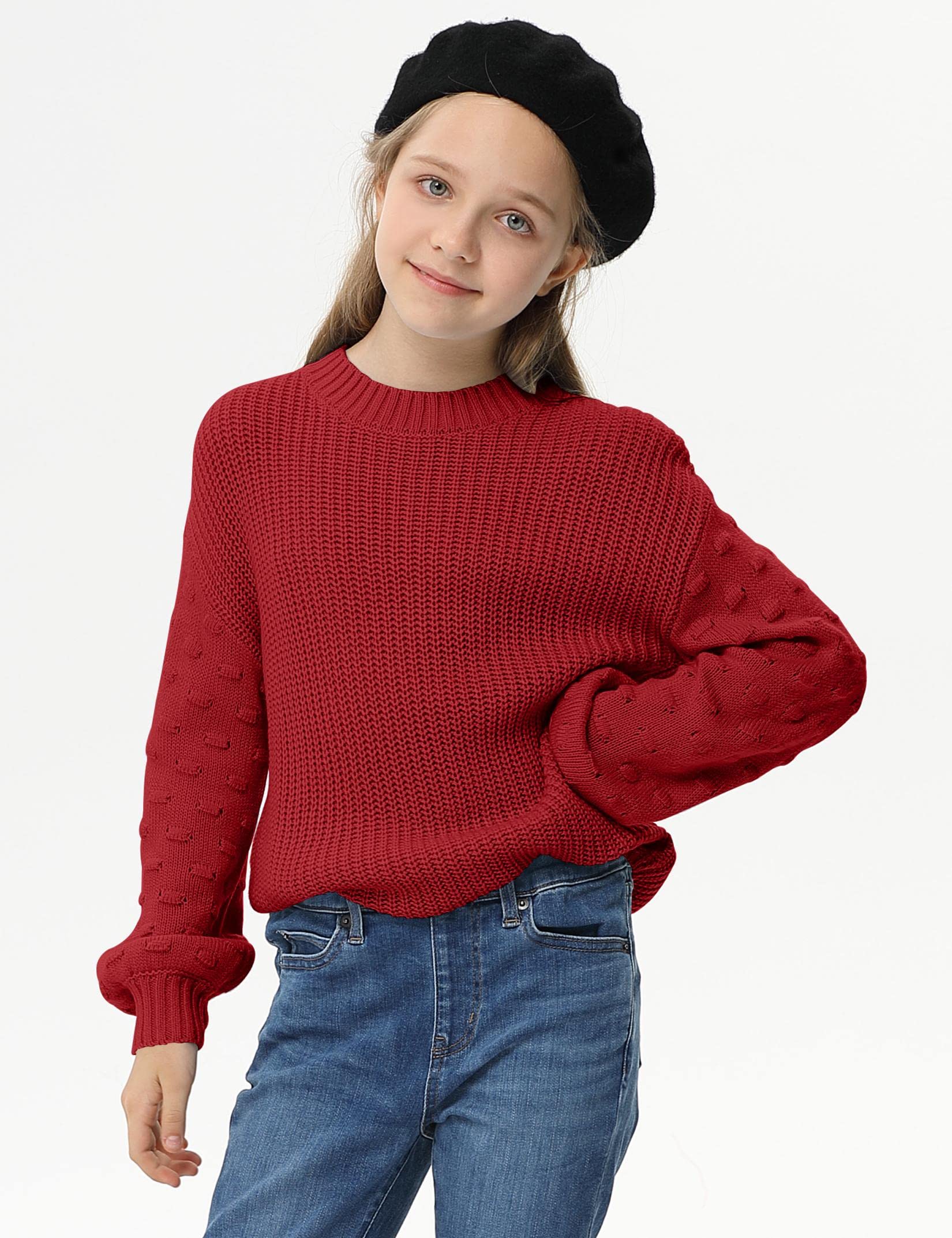 Girls Crewneck Knit Pullover Sweater - Long Lantern Sleeve Oversized Cute Jumper Top for School, Casual Wear & Winter Fashion