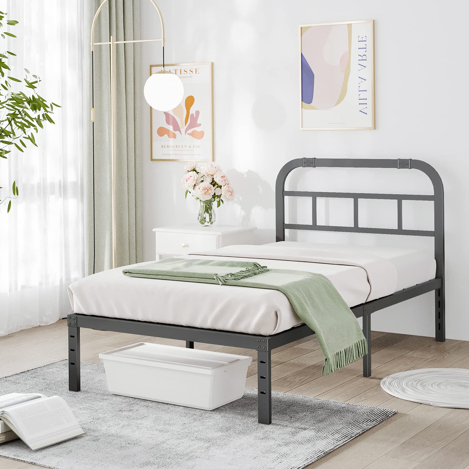 COMASACH Twin Bed Frame with Headboard - Sturdy 14 Inch Metal Platform Bed Frame with Storage, No Box Spring Needed, Noise-Free & Easy Assembly, Supports Up to 3500lbs - Perfect for Small Bedrooms, Guest Rooms & College Dorms