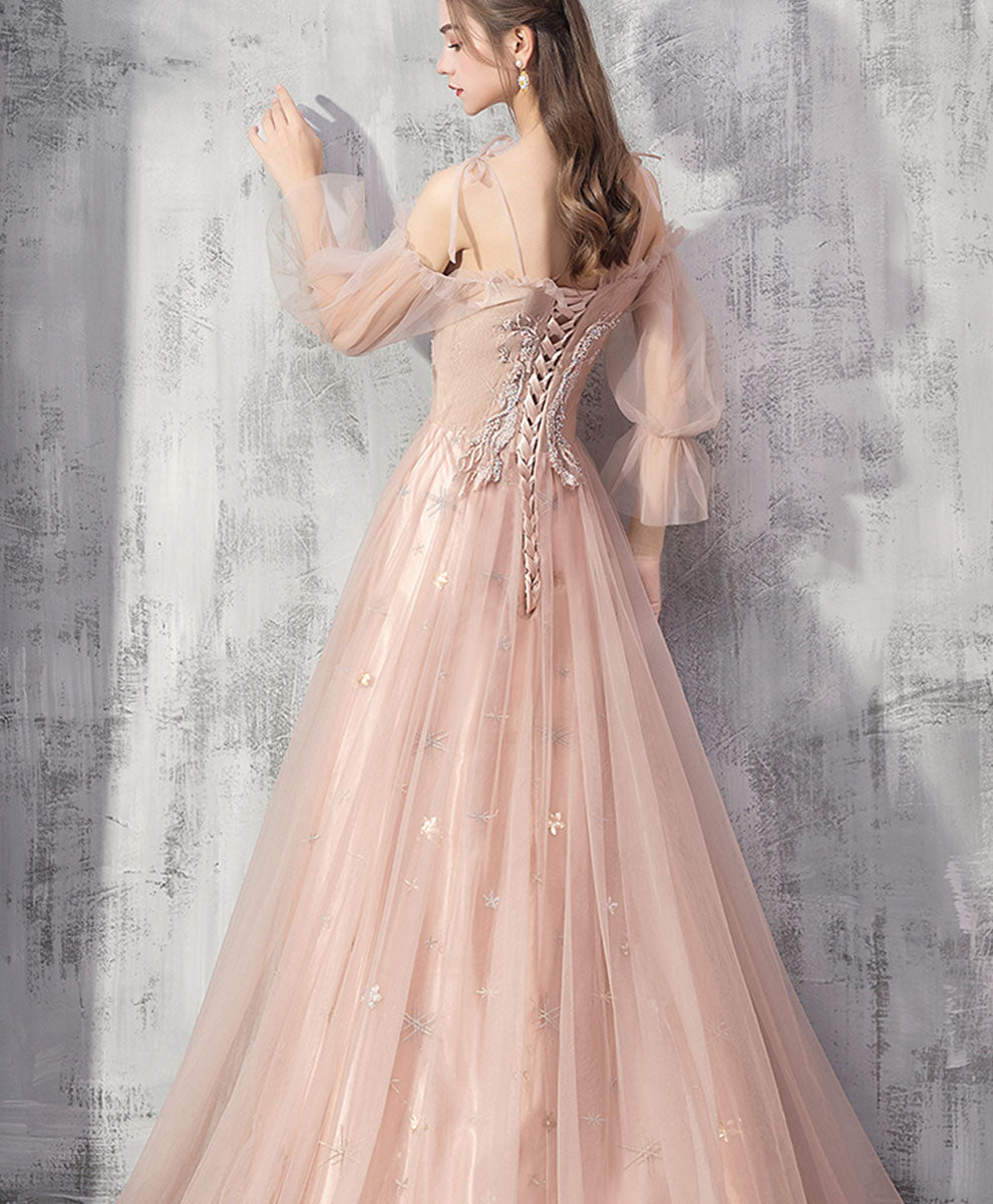 Elegant Champagne Tulle Lace Long Prom Dress for Formal Evening Events - Perfect for Homecoming, Quinceañera & Wedding Parties