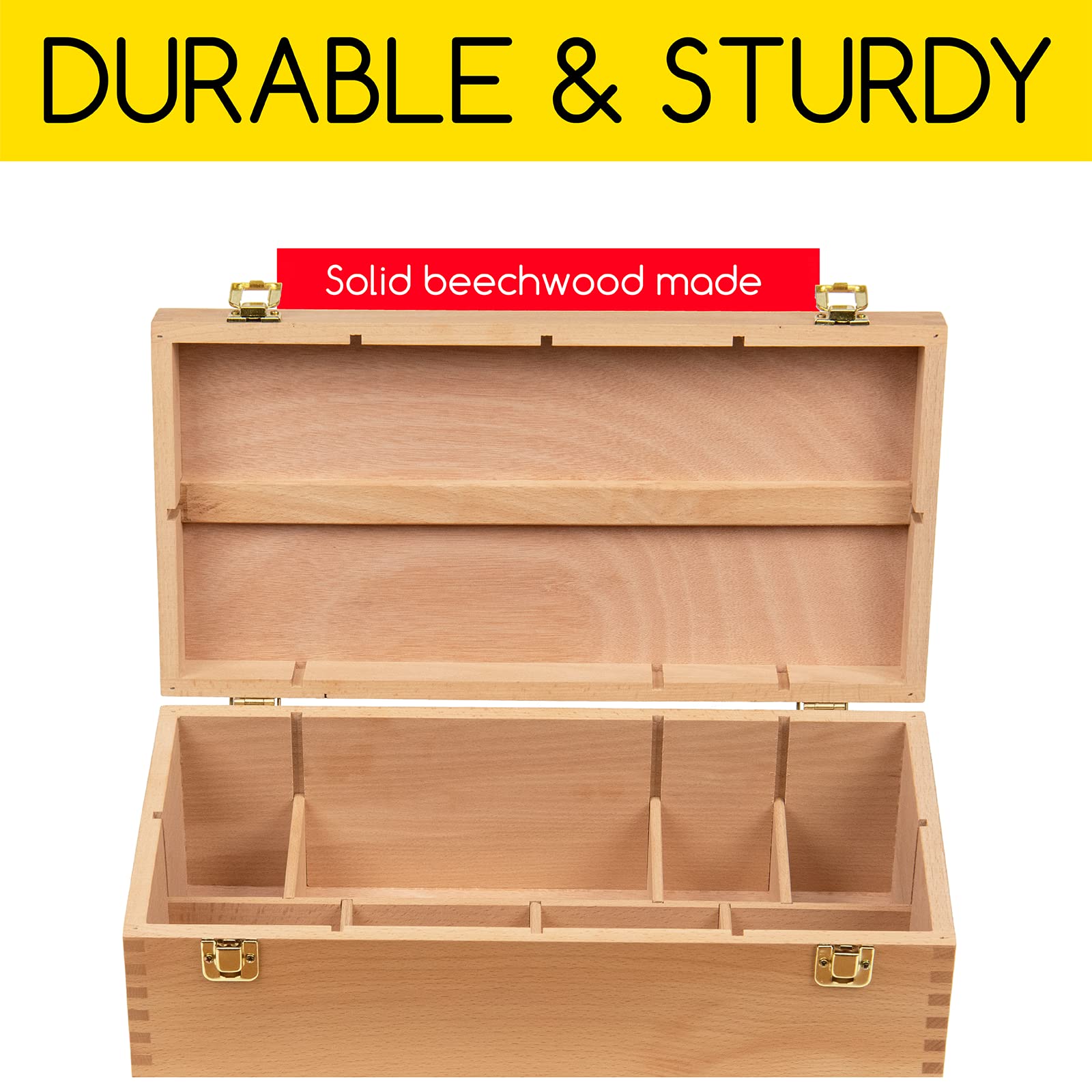 MEEDEN Sturdy Wooden Tool Box - Beechwood Portable Art Supply Organizer with Handle, Large Artist Storage Case for Paint Brushes, Pencils & Craft Tools - Perfect for Artists, DIY Projects & Home Organization