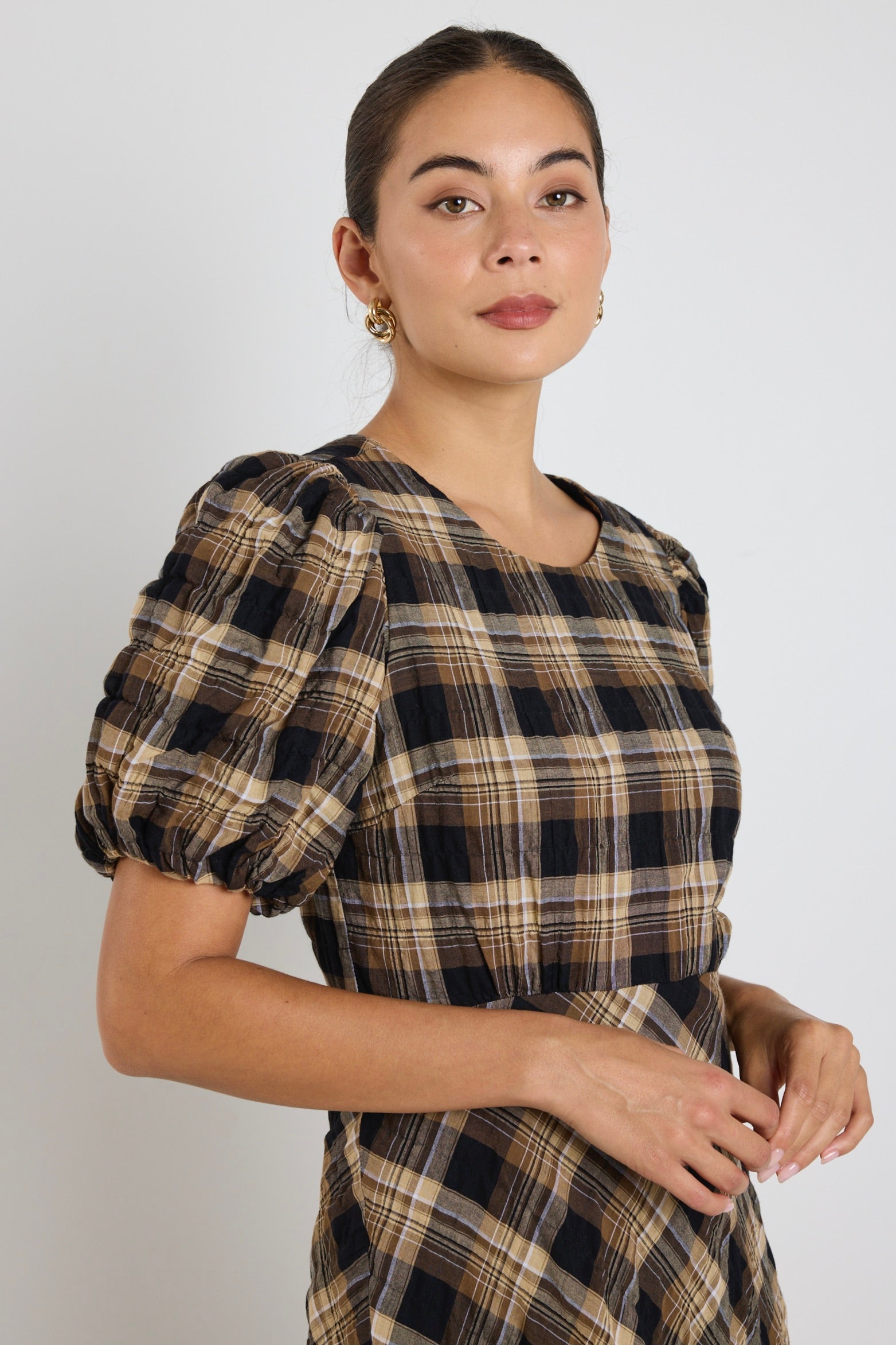 Encore Caramel Check SS Bias Maxi Dress - Flowy Summer Dress for Women, Elegant A-Line Long Dress with Side Slit, Perfect for Beach, Vacation, and Casual Outings