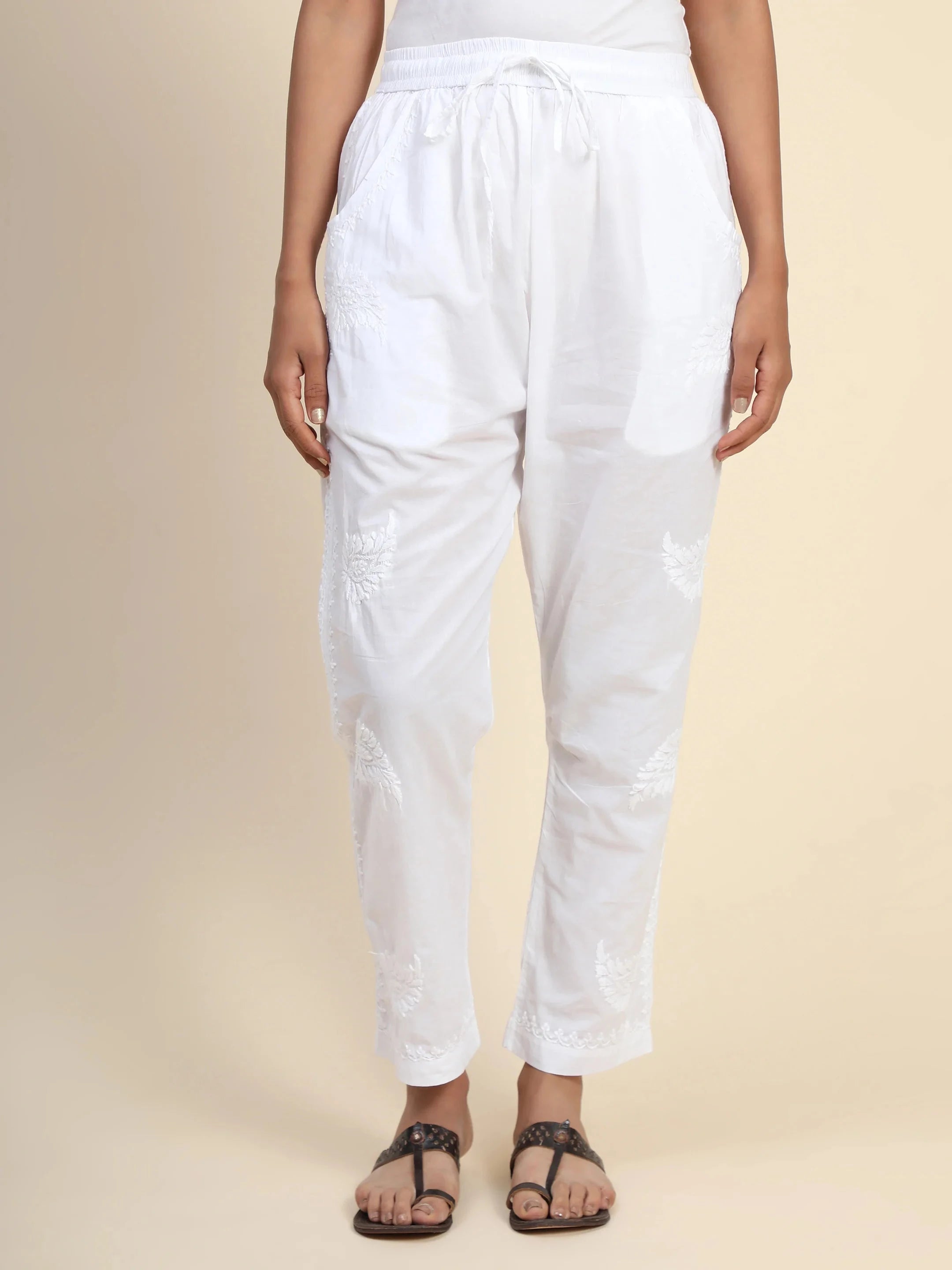House of Kari Chikankari Embroidered Cotton White Relaxed Pants for Women - Comfortable Loungewear & Casual Wear for Summer, Yoga, and Travel