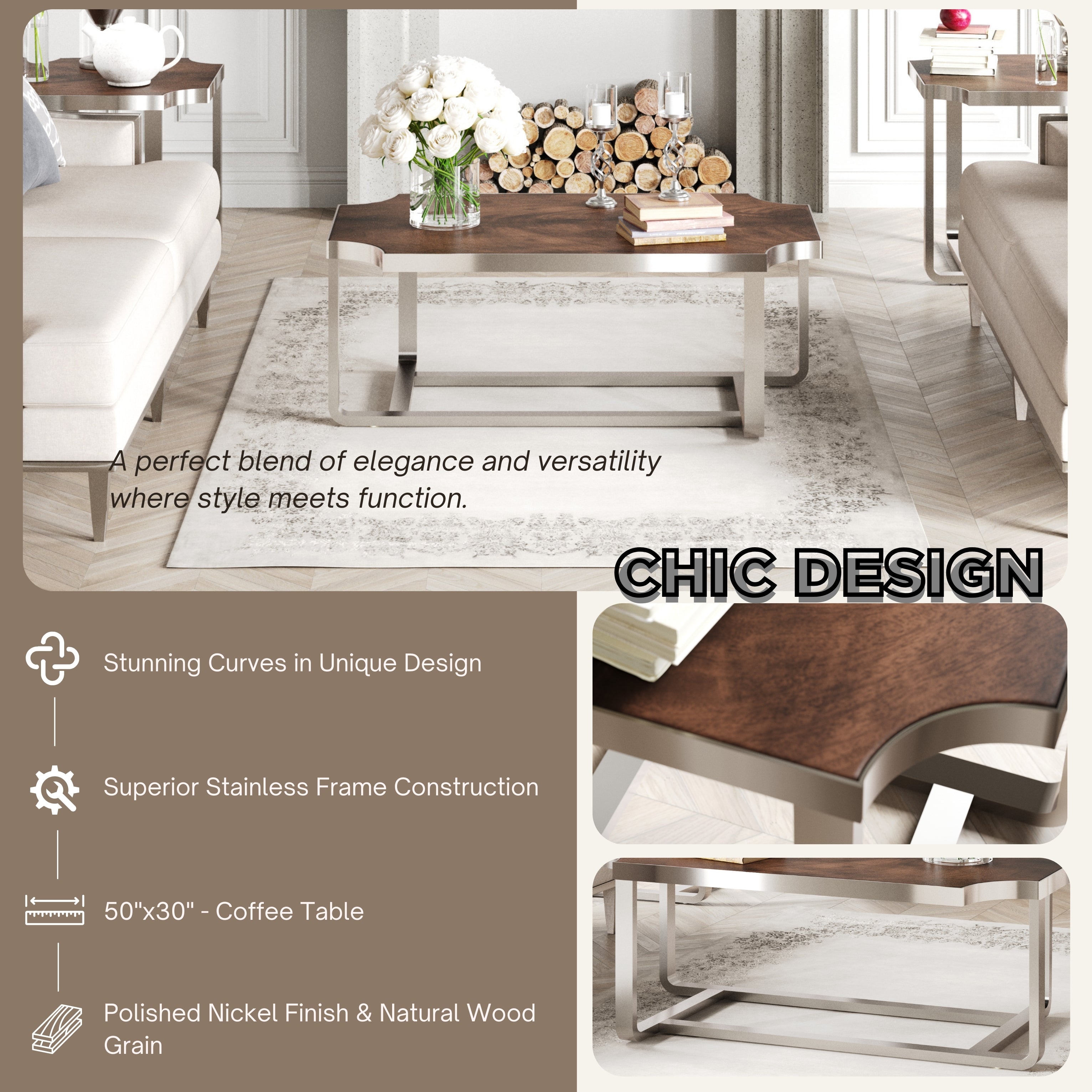 Roundhill Furniture Ruffin 50x30 Inch Rectangular Coffee Table - Modern Brown Cocktail Table for Living Room, Lounge & Office Decor