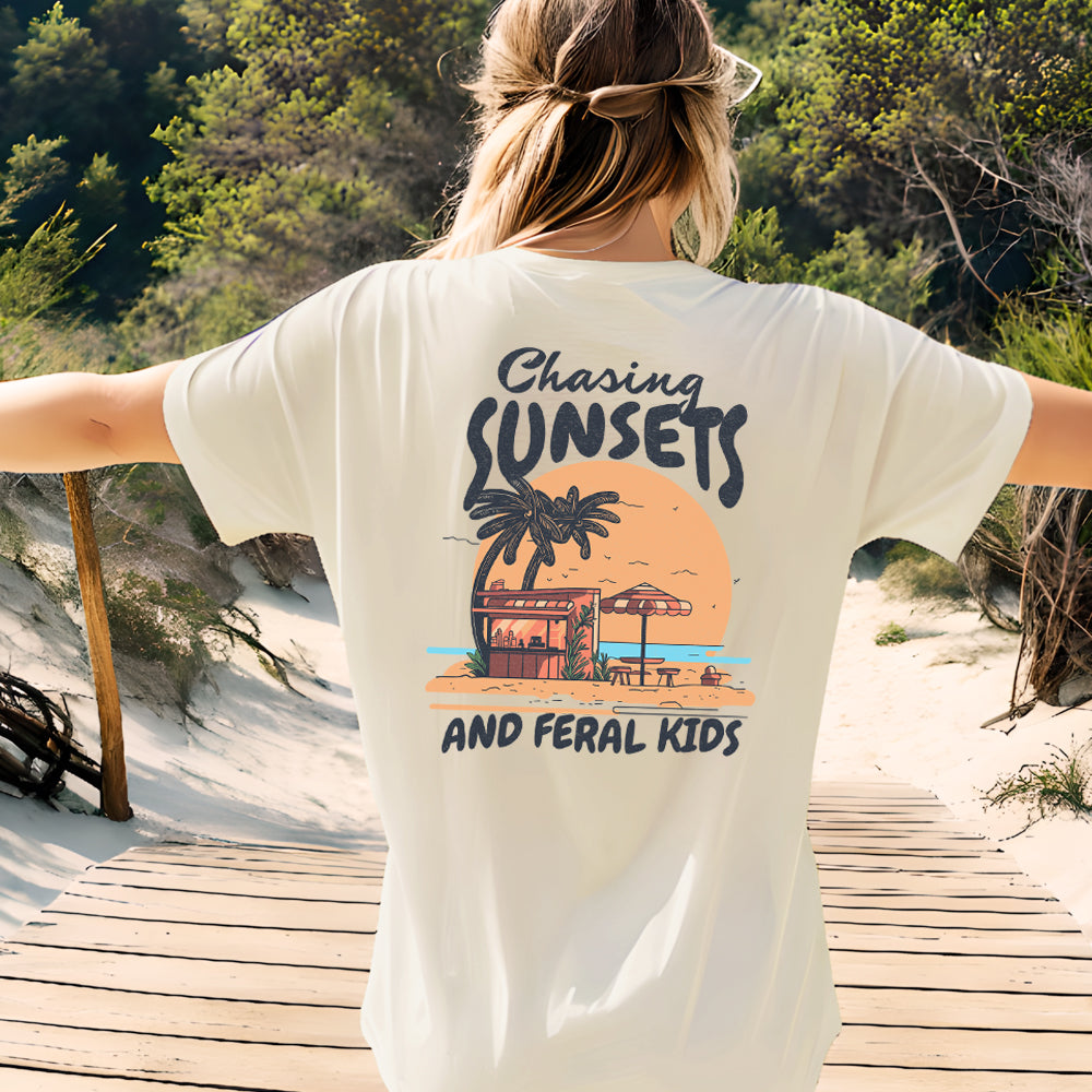 Chasing Sunsets & Feral Kids Graphic Back Print T-Shirt - Trendy Vintage Style Tee for Casual Wear, Street Fashion, and Music Festivals