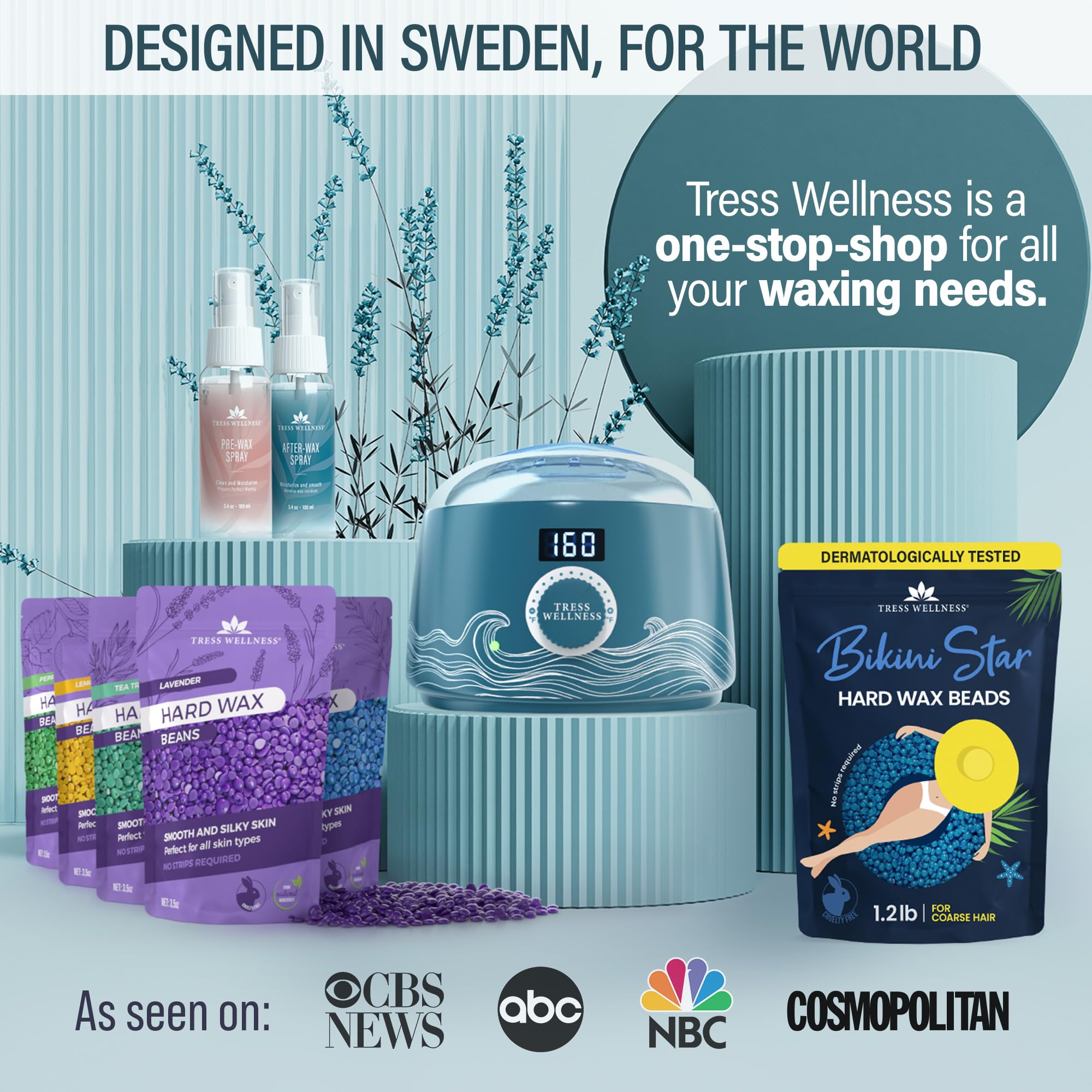 Tress Wellness Elemental Blue Wax Warmer Kit for Bikini & Body Hair Removal - Professional Home Waxing for Smooth Skin | Perfect for DIY Spa Days & Salon-Quality Results