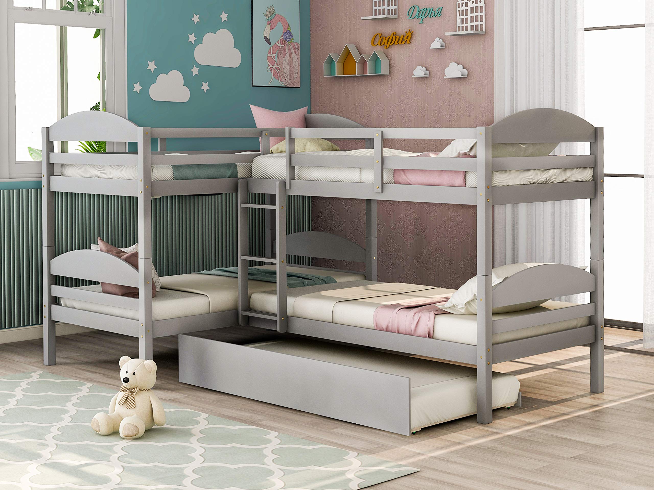 Kids Twin Over Twin L-Shaped Corner Bunk Bed with Trundle - 5 Bed Wooden Bunk Bed Frame with Full Guardrails & Flat Ladder (Gray) - Perfect for Small Bedrooms, Guest Rooms & Vacation Homes