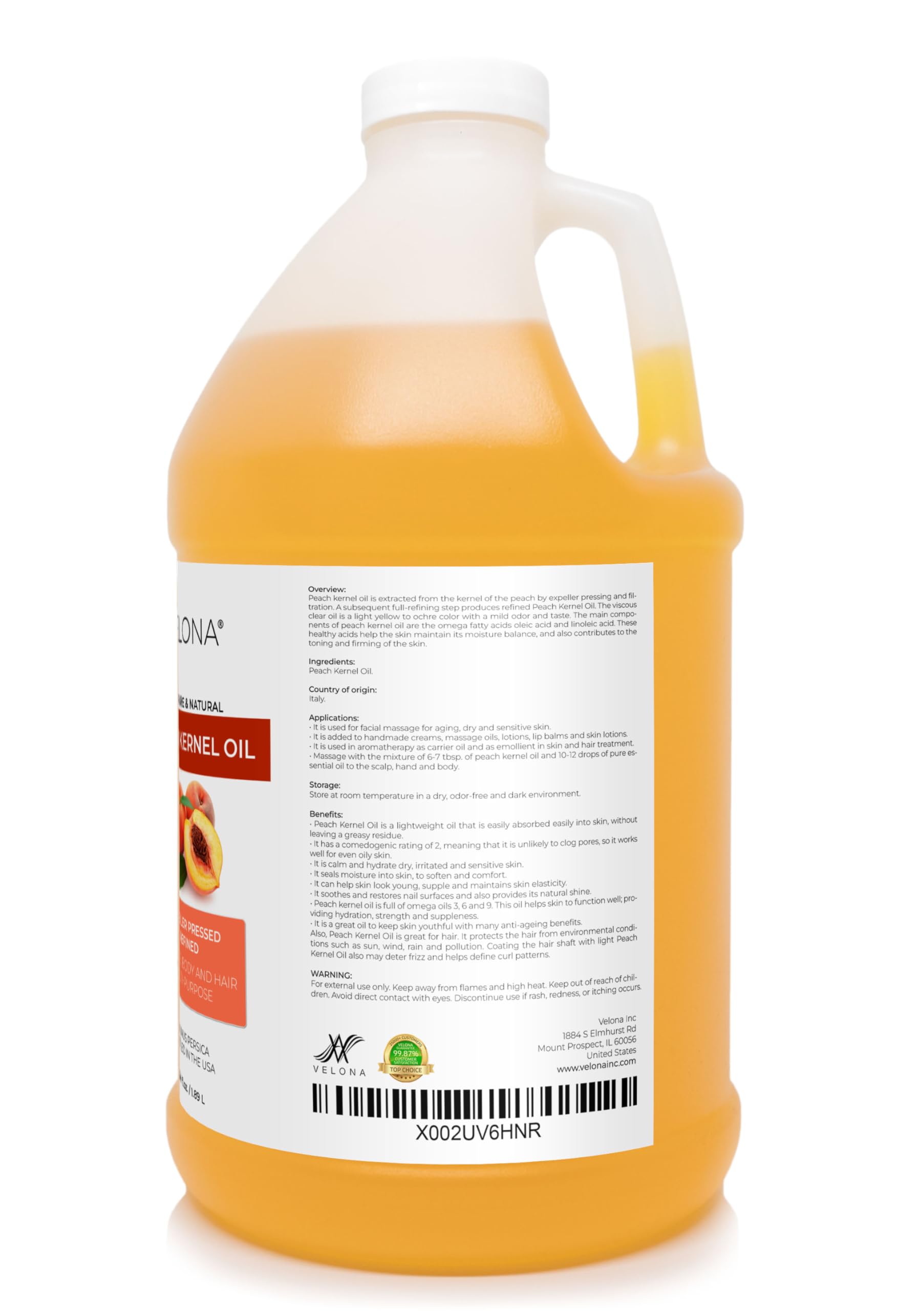 Velona 100% Pure & Natural Peach Kernel Oil 64 Fl Oz - Refined Cold Pressed Carrier Oil for Cooking, Skin, Hair & Body Care | Face Moisturizer & Massage Oil | Perfect for DIY Beauty Recipes & Aromatherapy