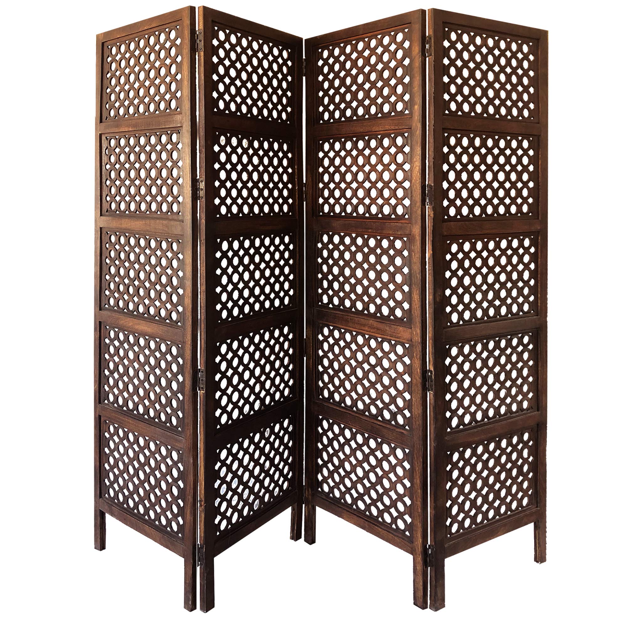 Benjara 4-Panel Mango Wood Room Divider with Circular Cutout Design - Brown Wooden Folding Screen for Living Room, Bedroom, and Office Partition