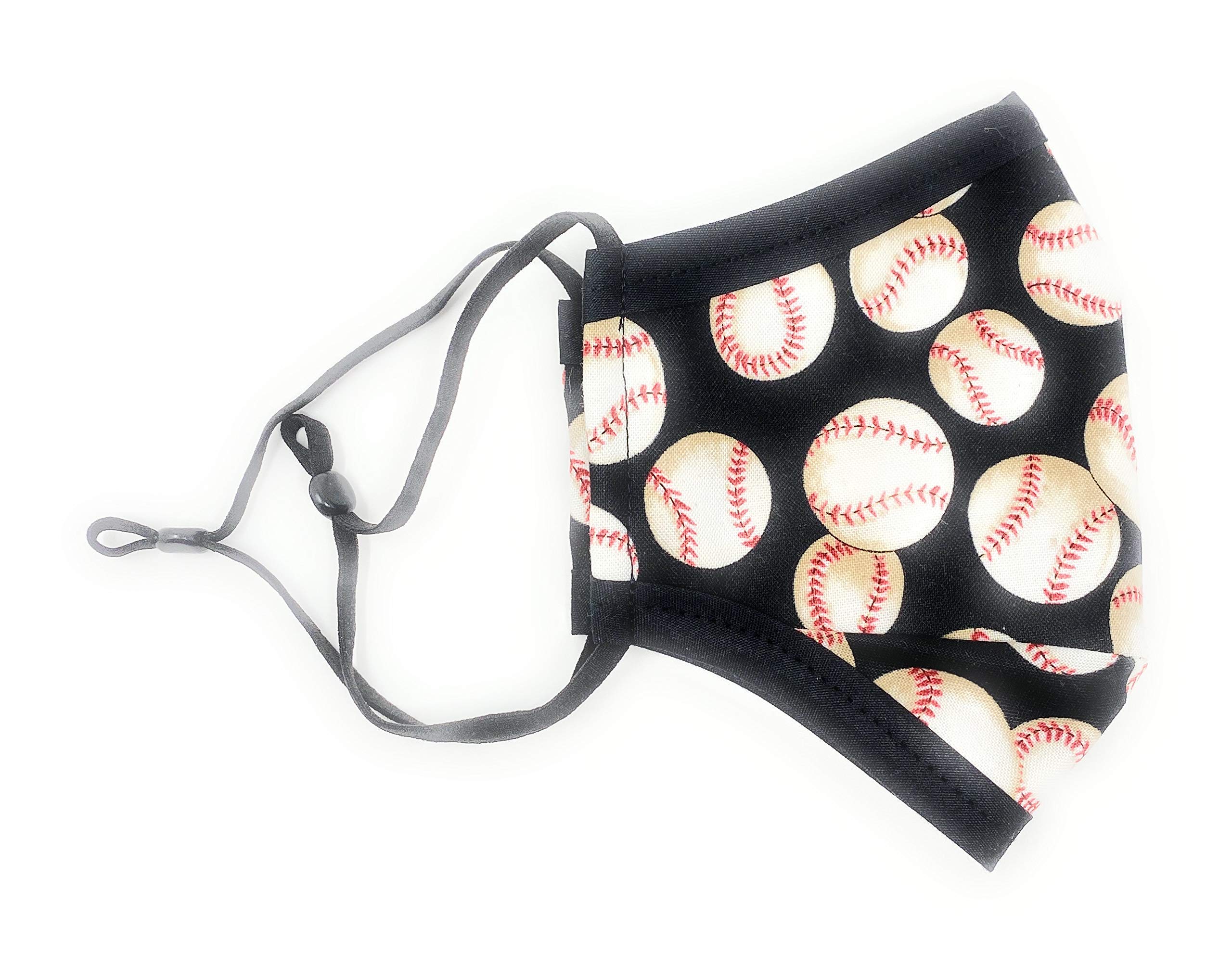 Black Baseballs Print 3D Face Mask for Adults, Teens & Kids - Adjustable Nose Clip, Triple-Layer Cotton, Handmade in USA - Perfect for Baseball Games, Outdoor Activities & Daily Protection