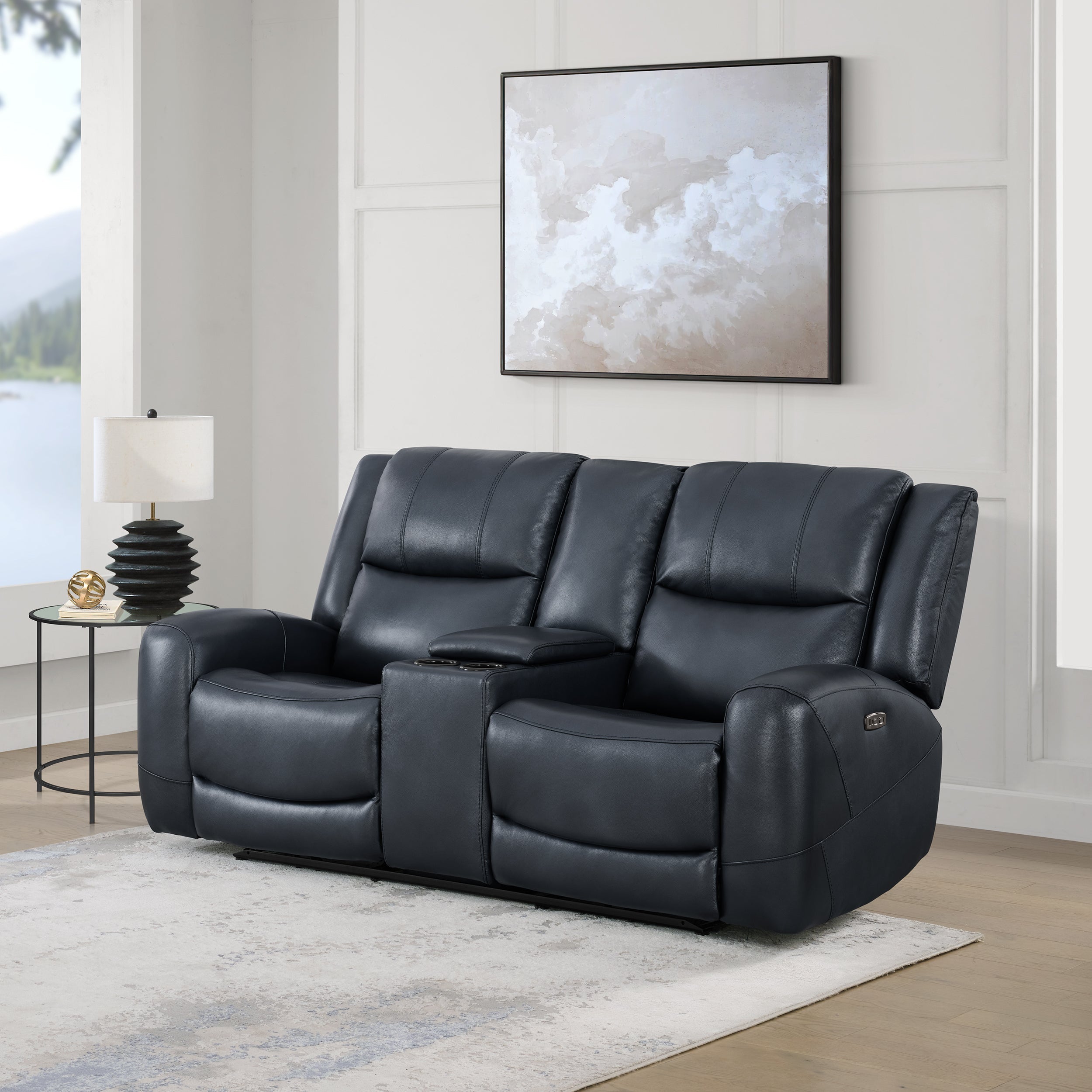 Roundhill Furniture Cozura Genuine Leather Power Reclining Loveseat with Console - Dual Motor, USB Charging & Cup Holders - Perfect for Living Room, Home Theater & Family Gatherings