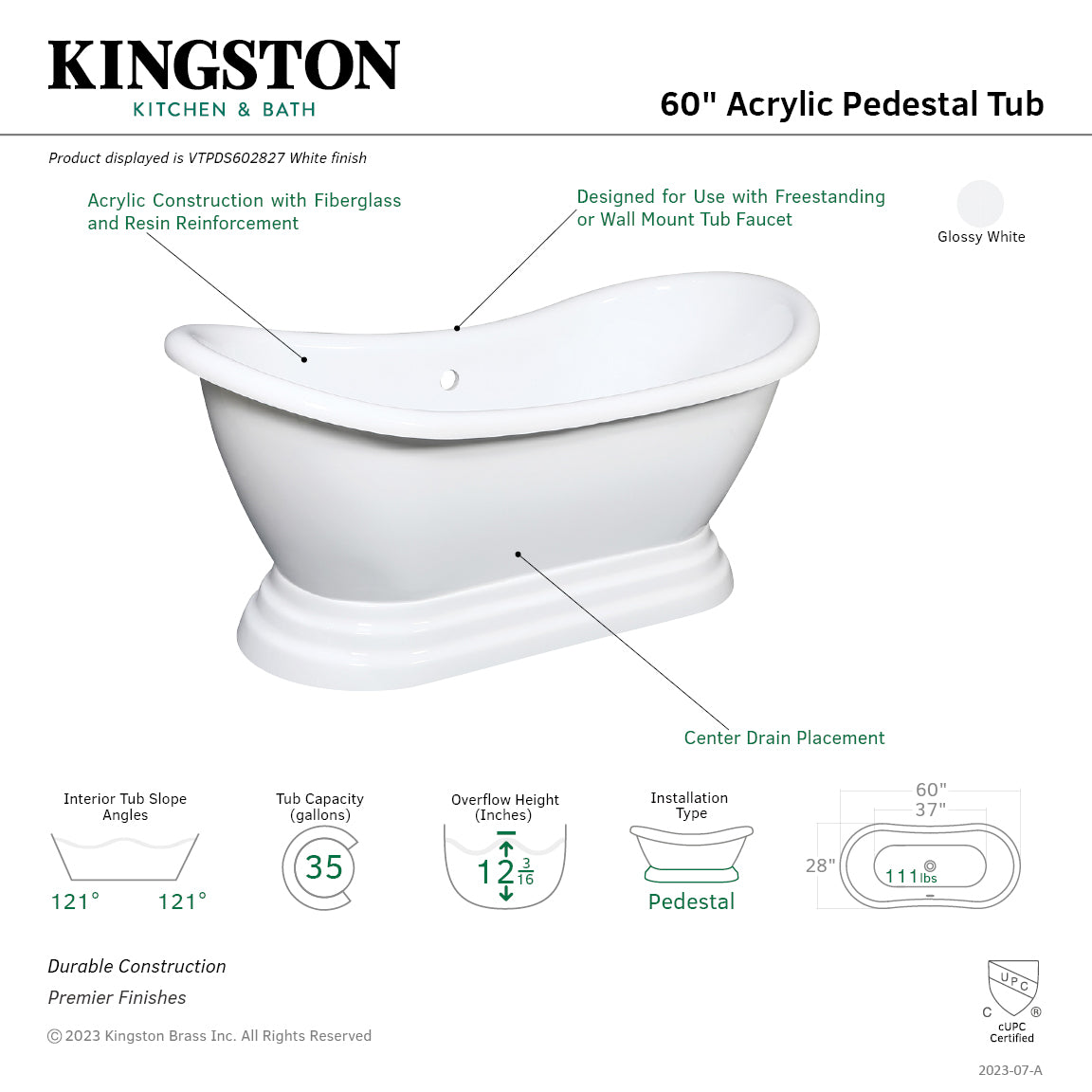 Aqua Eden 60 Inch Acrylic Oval Double Slipper Pedestal Bathtub - Glossy White Freestanding Soaking Tub (No Faucet Drillings) for Luxury Bathroom & Spa Relaxation