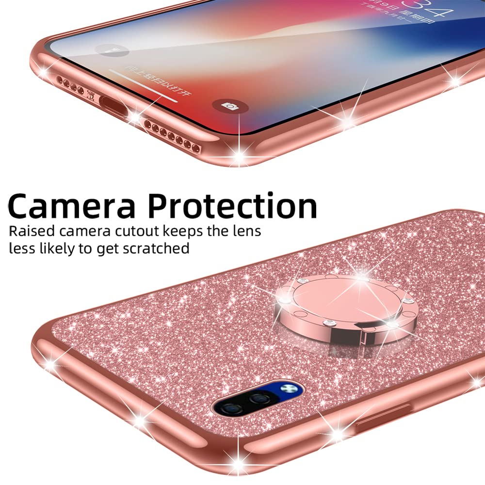 Cute Rhinestone Glitter Luxury TPU Phone Case for ZTE Blade A5 2020 - Shockproof Protective Cover with Ring Kickstand & Strap - Rose Gold - Perfect for Women & Girls, Ideal for Everyday Use, Work, and Travel