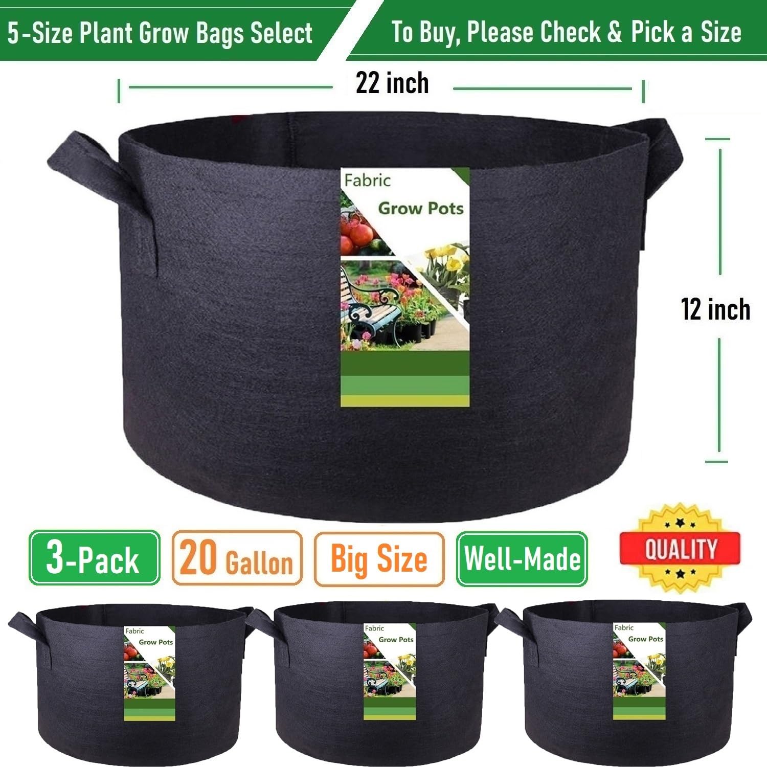 **3-Pack 20 Gallon Thickened Fabric Grow Bags (22x12 Inch) - Heavy Duty Garden Plant Pots for Tomatoes, Potatoes, Herbs & Vegetables - Ideal for Planting, Yard Waste & Leaf Collection**