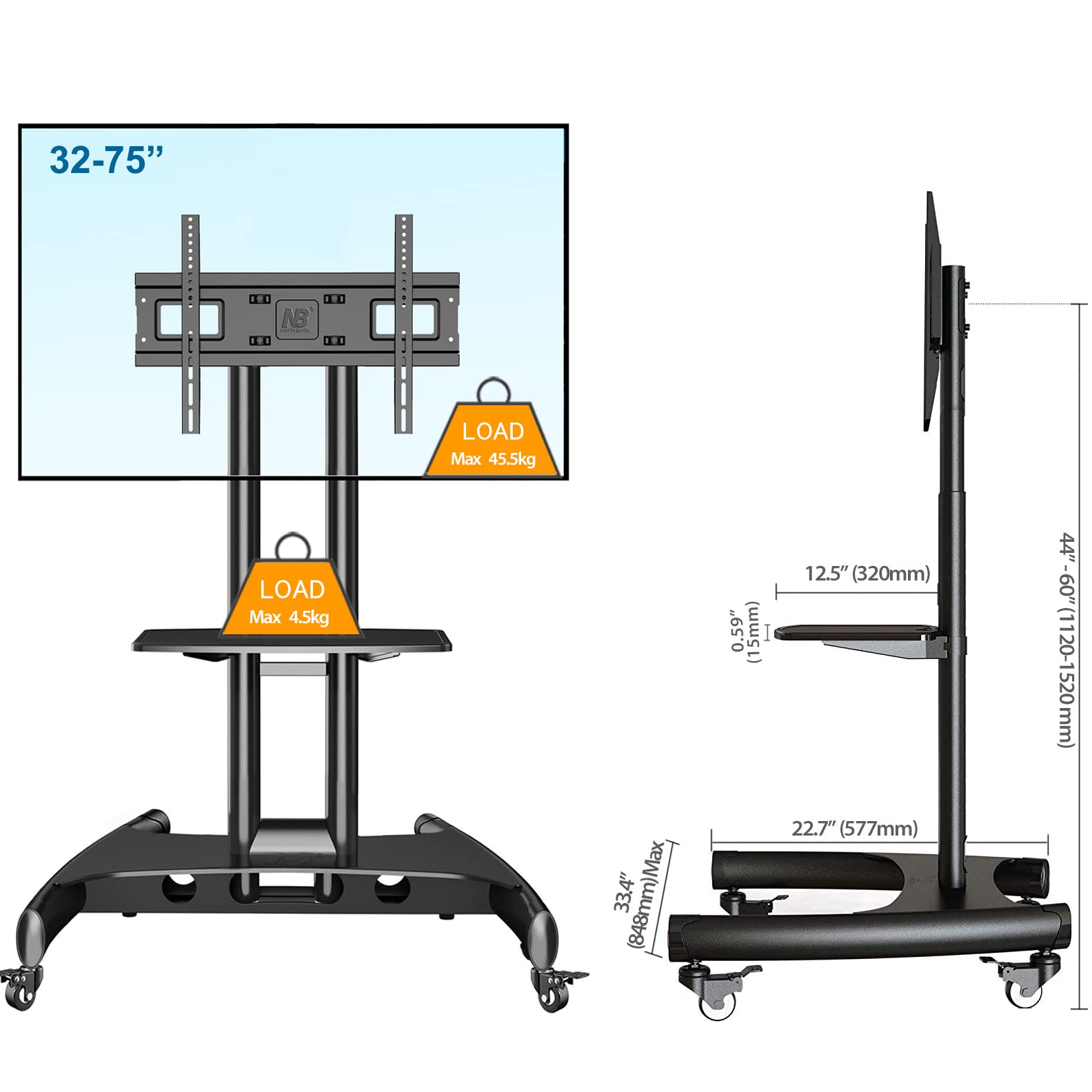 North Bayou Mobile TV Cart Rolling Stand with Wheels for 32-75 Inch LCD LED OLED Plasma Flat Screens up to 100lbs - AVA1500-60-1P (Black) | Perfect for Living Room, Bedroom, or Office TV Setup