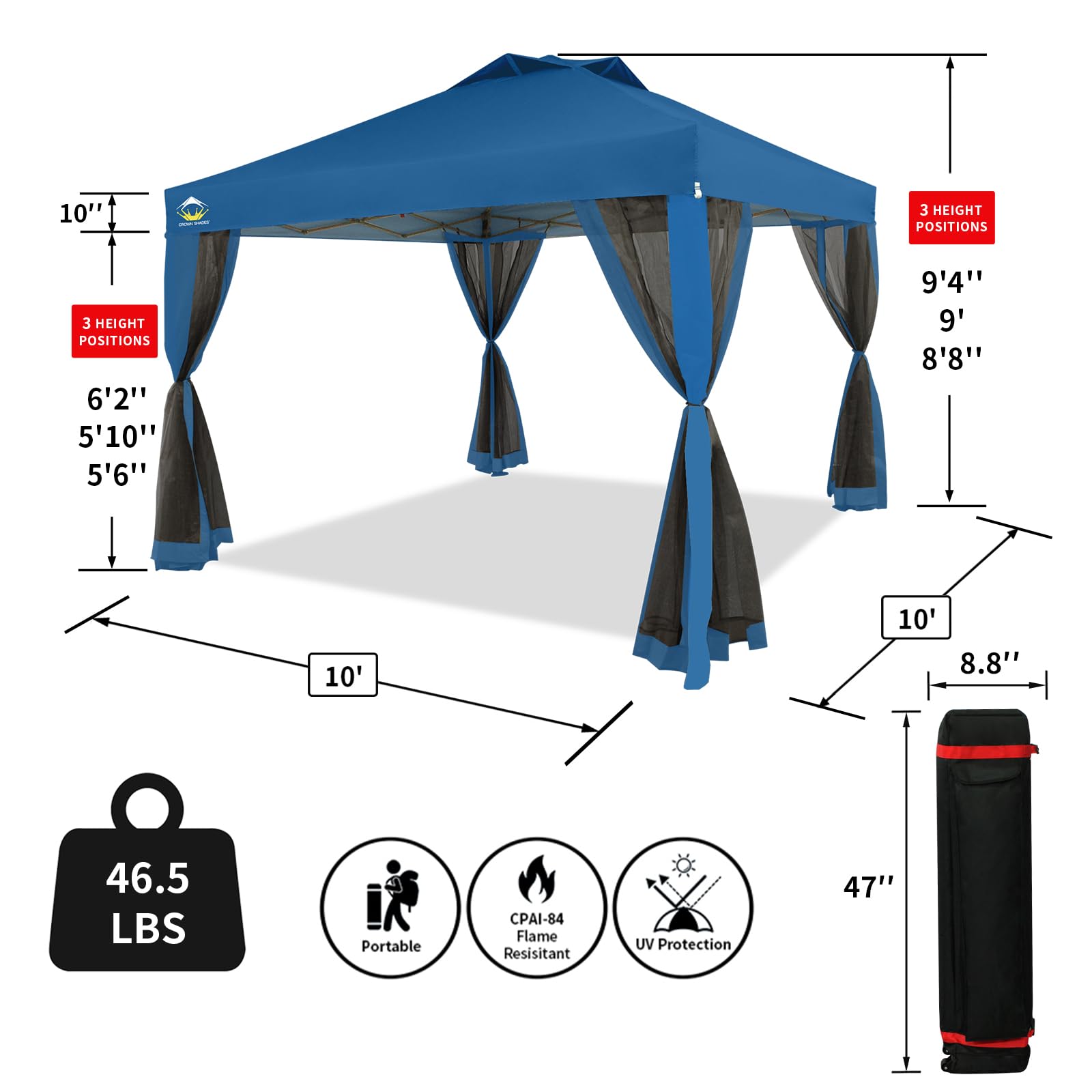 10x10 Pop Up Canopy Tent with Netting - CROWN SHADES Portable Gazebo for Outdoor Events, Includes 4 Ropes, 8 Stakes & 4 Weight Bags - Wheeled Storage Bag - Perfect for Patio, Backyard, Camping & Beach Parties (Blue)
