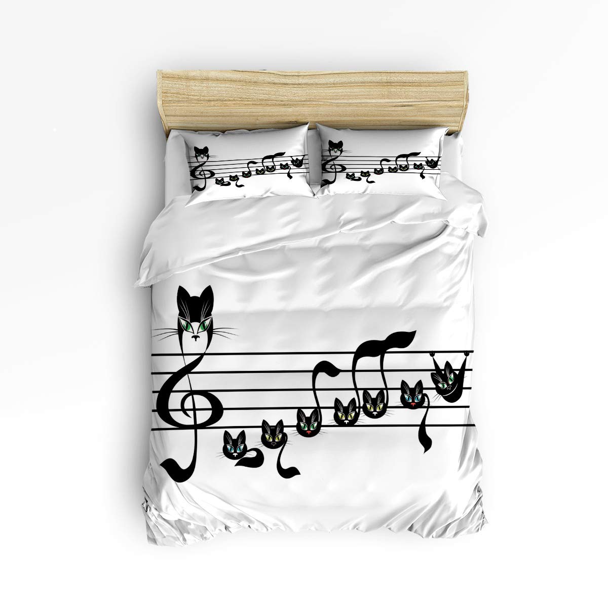 Trendy King Size 4-Piece Christmas Duvet Cover Set with Zipper - Black & White Musical Note Cat Print Bedding for Kids (1 Duvet Cover + 1 Sheet + 2 Pillowcases) | Perfect for Holiday Decor, Kids' Bedrooms & Cozy Winter Nights