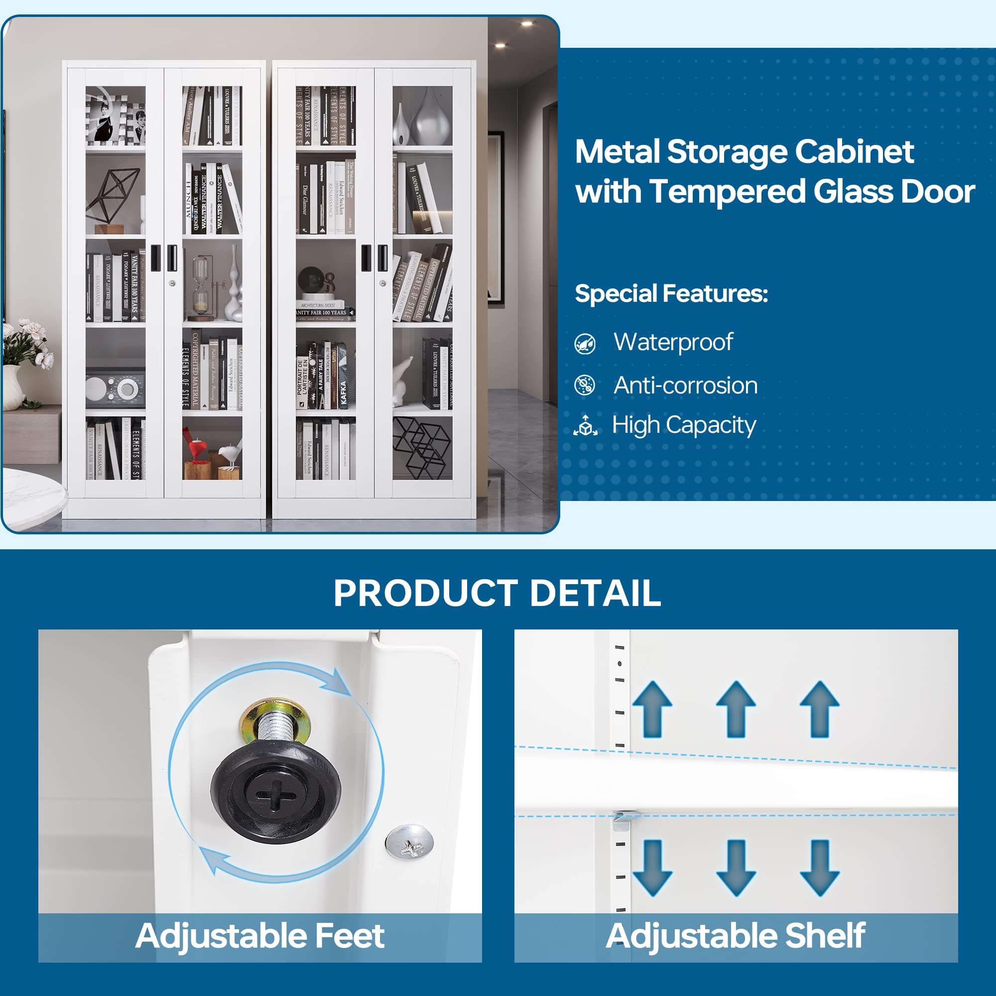 Glass Display Cabinet with 4 Adjustable Shelves & Locking Doors - White Curio Cabinet for Home, Office, Clinic or Pantry - Perfect for Showcasing Collectibles, China, or Retail Merchandise - Easy Assembly Required