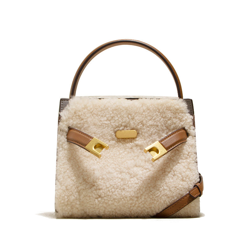 Genuine Leather Tote Bag with Lamb Wool Lining - Winter Shoulder Bag & Crossbody Purse for Women - Perfect for Work, Travel & Everyday Use