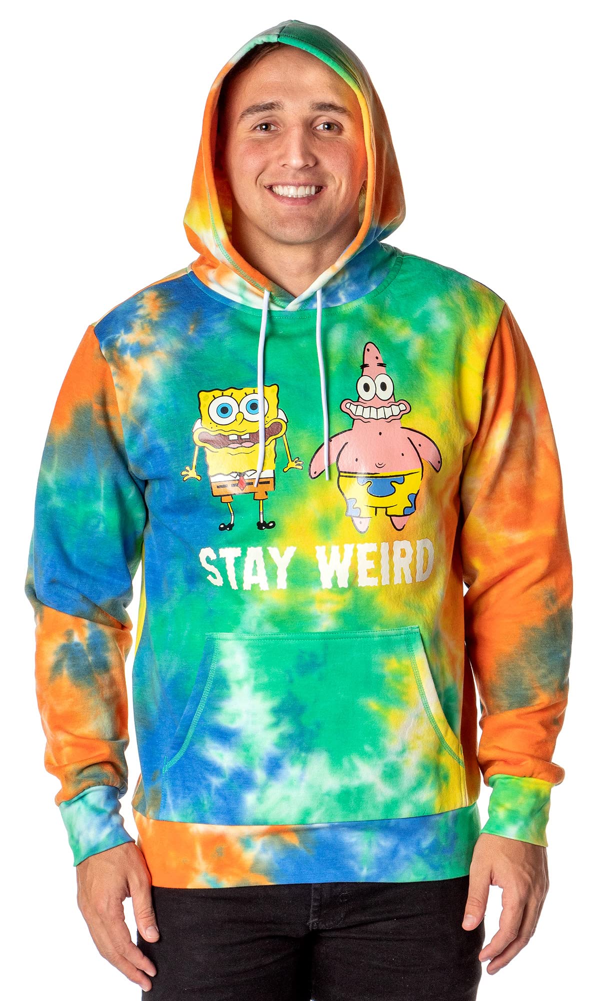 Mad Engine SpongeBob SquarePants Men's Tie-Dye Pullover Hoodie - Patrick & SpongeBob Stay Weird Design | Casual Wear, Cosplay, Gift for Fans | Perfect for Halloween, Comic Con & Everyday Outfits