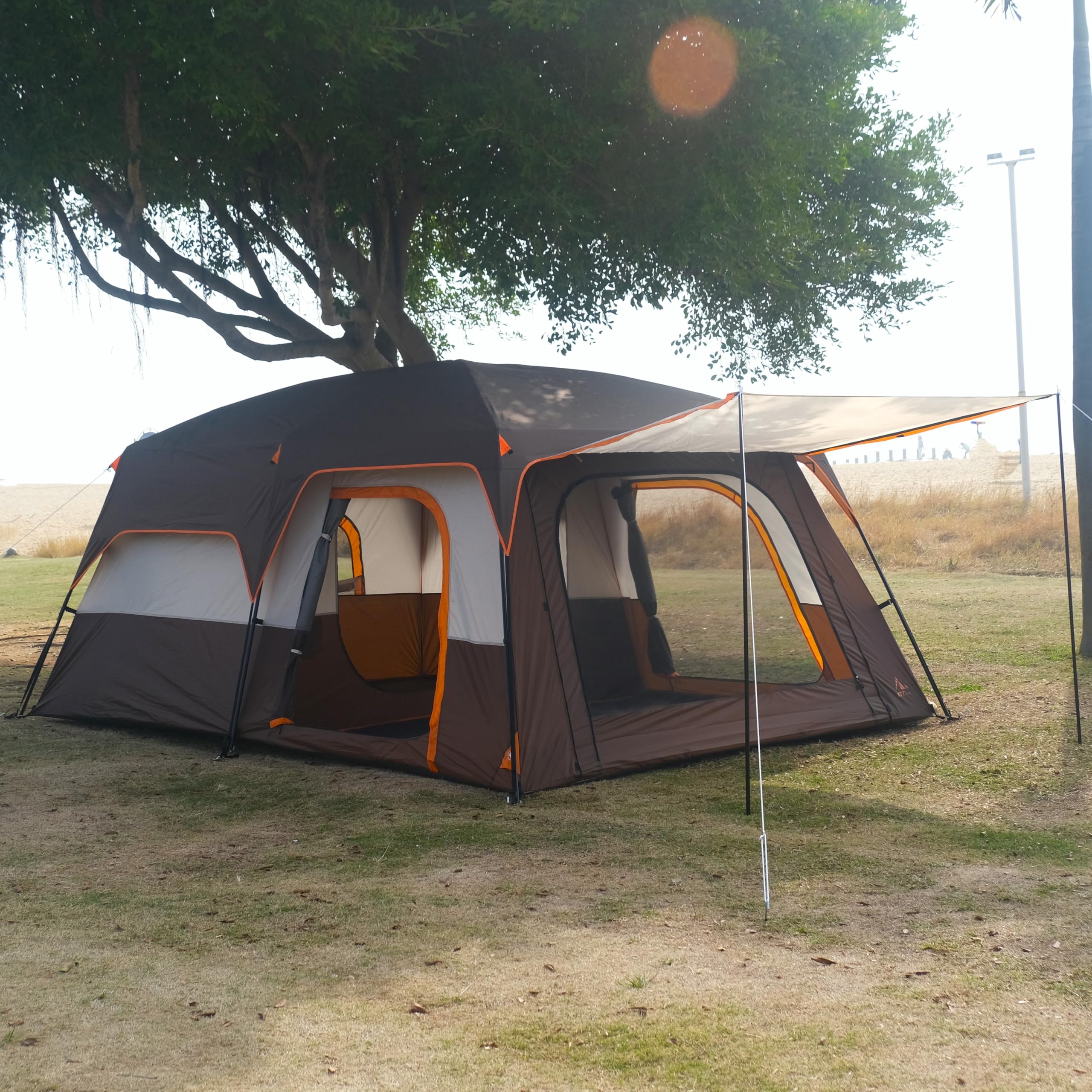 KTT Extra Large Family Cabin Tent for 10-12-14 People - 2 Rooms, 3 Doors & 3 Windows with Mesh, Straight Wall Design, Waterproof Double Layer - Perfect for Camping, Picnics, Outdoor Adventures & Family Gatherings