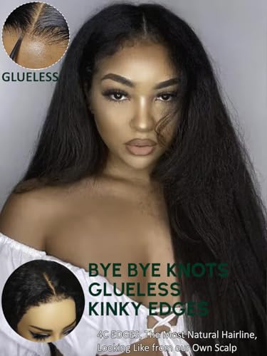 Kinky Edges Yaki Straight Bye Bye Knots Glueless Wig 7x5 Pre Cut Lace Natural Color