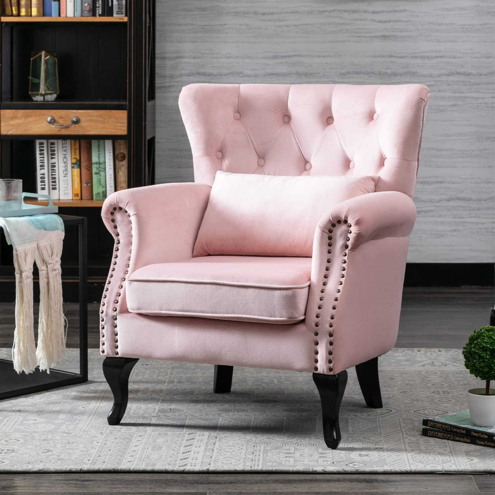 Mid-Century Modern Accent Chairs Set of 2 - Velvet Tufted Wingback Armchairs with Pillows for Living Room, Bedroom, Lounge (Pink) | Stylish & Comfortable Seating for Home Decor & Relaxation