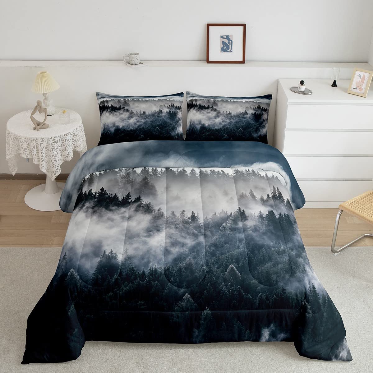 Smoky Mountain Pine Tree Duvet Cover Set - Twin Size Grey Forest Scenery Bedding with 2 Pillow Shams | Nature Inspired Folk Art Design for Cozy Cabin, Rustic Bedroom & Mountain Retreat Decor