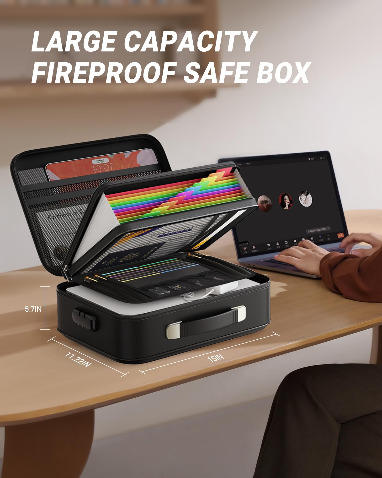 Fireproof Document Box with Lock - 8-Layer Waterproof Safe for Important Files, Certificates, Passports & Laptop - Portable Hard Case Organizer for Home & Office Security (Black) - Perfect for Emergency Protection & Document Storage
