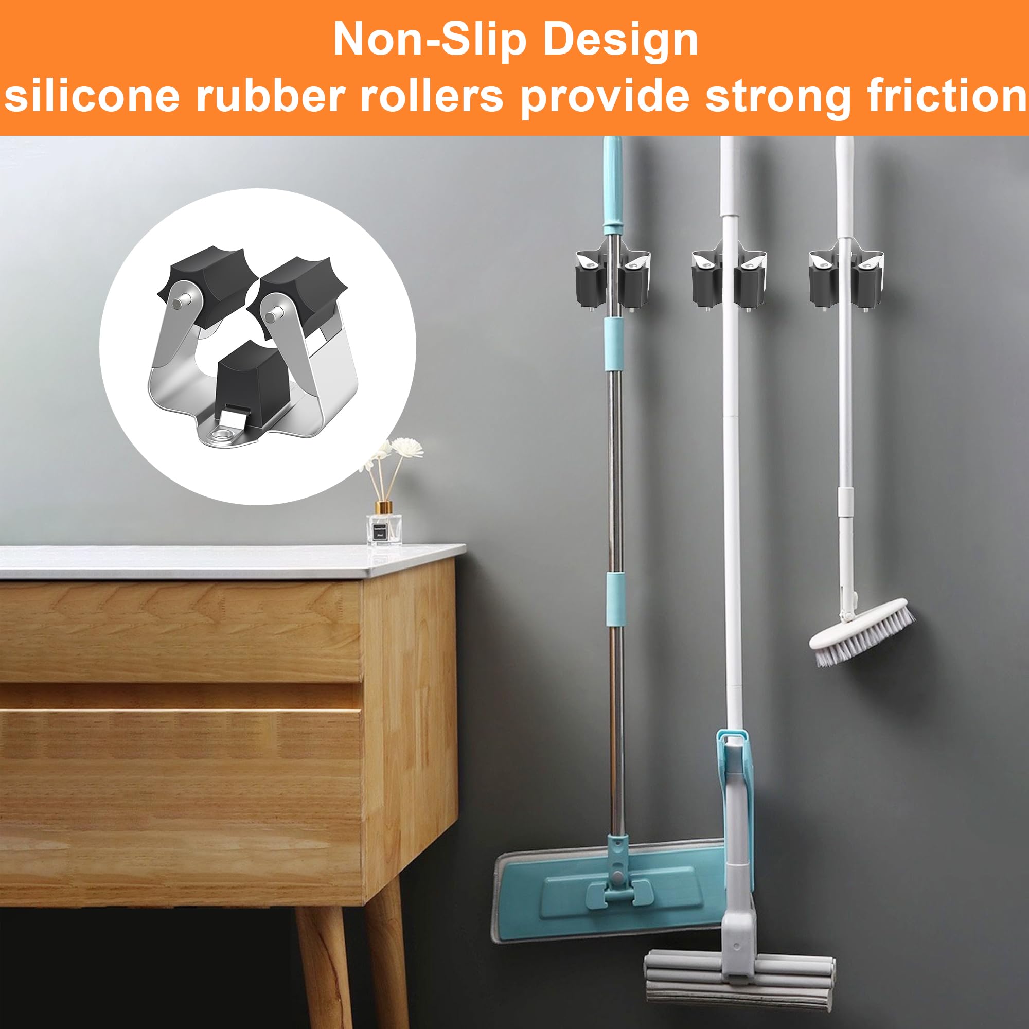 Heavy Duty Wall Mount Broom Holder 3 Pack - Space Saving Broom Hooks for Garage, Kitchen, Closet Organization - Perfect for Storing Brooms, Mops and Cleaning Tools