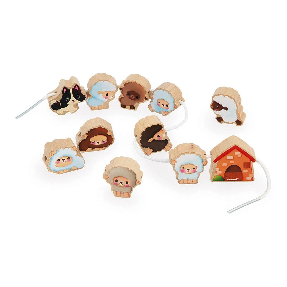 Janod Farm DIY Threading Toy - Wooden Bead Set for Kids, Educational Farm Animal Sheep Activity for Fine Motor Skills - Perfect for Preschool Learning & Montessori Play