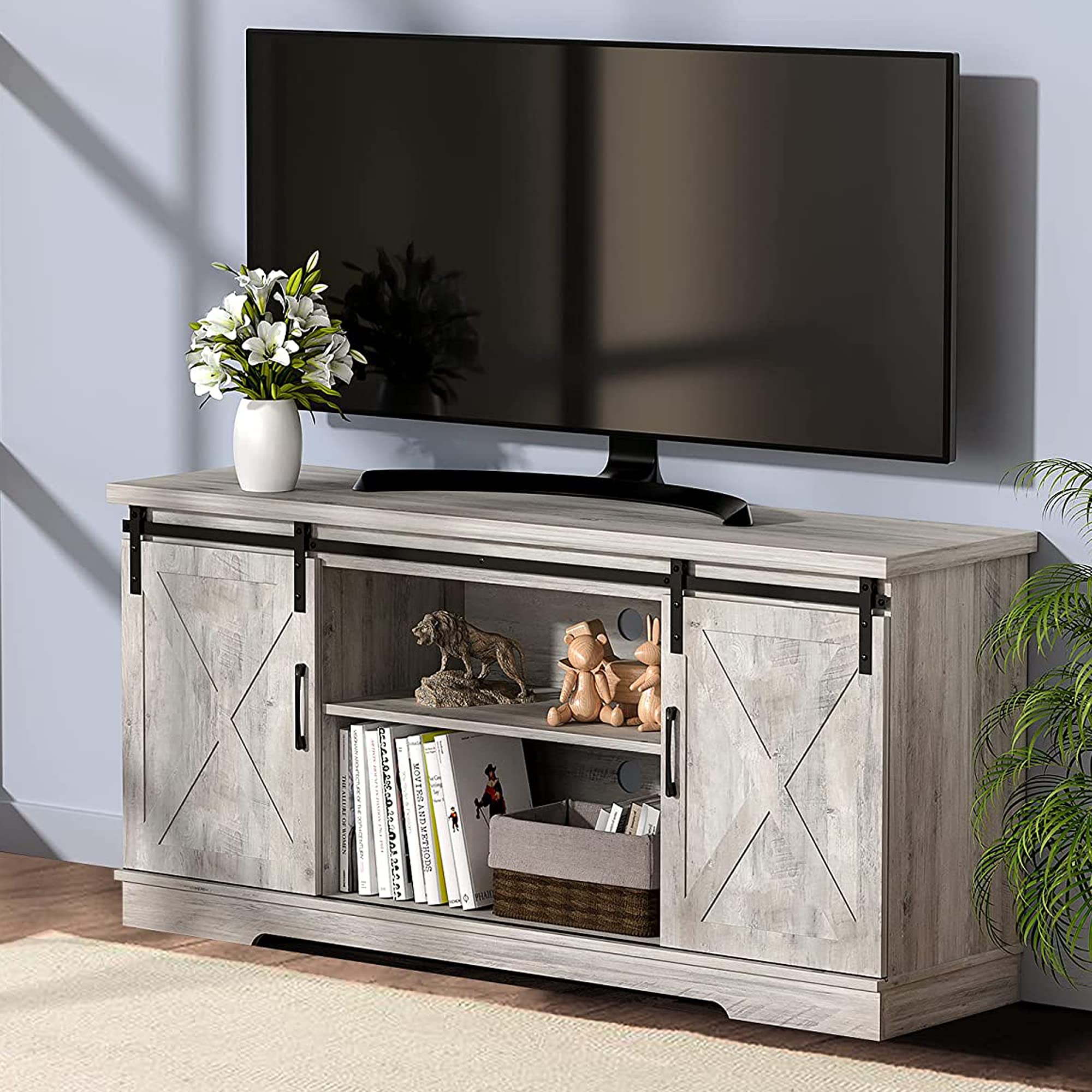 Alkmaar Farmhouse TV Stand for 65 Inch TV - Rustic Wood Entertainment Center with Sliding Barn Doors & Adjustable Shelves - Perfect for Living Room, Home Theater & Apartment Decor