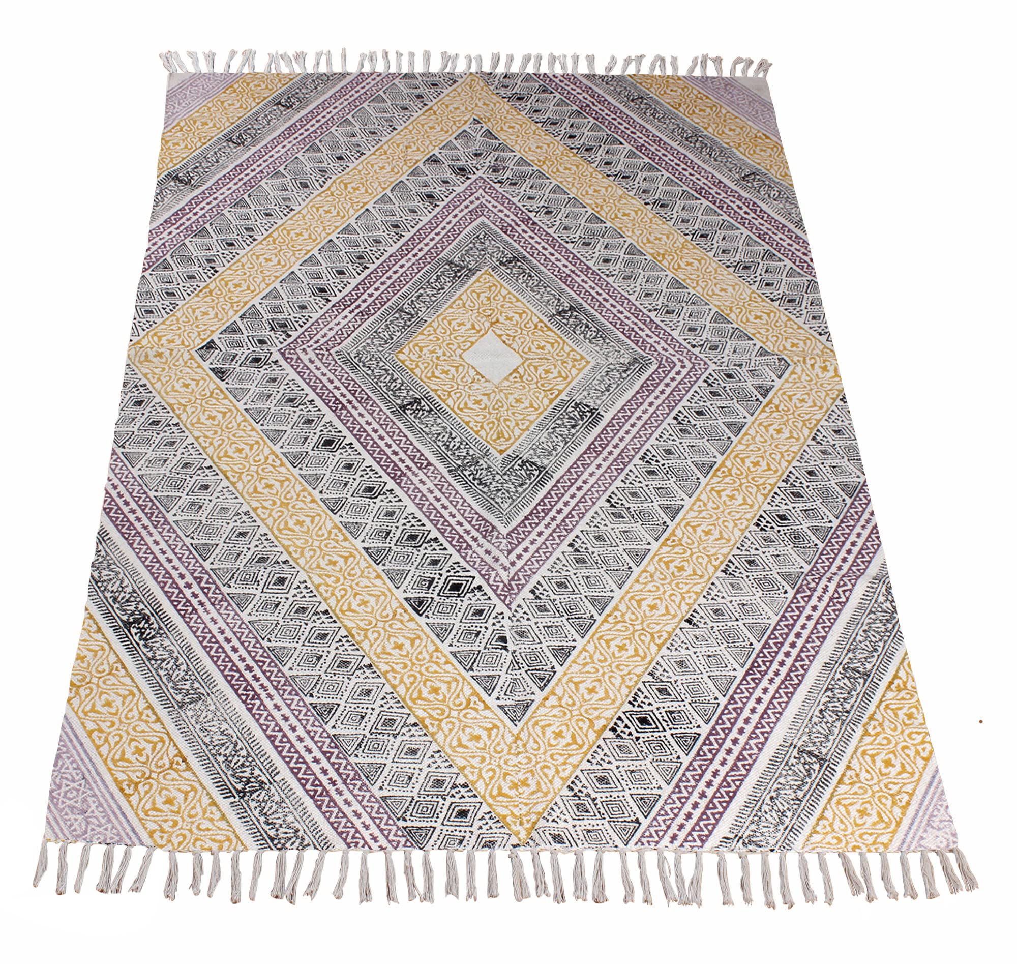 Handmade Casavani Geometric Bohemian Dhurrie Rug - 10x14 Feet Hand Block Printed Kilim Flatweave - Perfect for Living Room, Bedroom & Office Decor