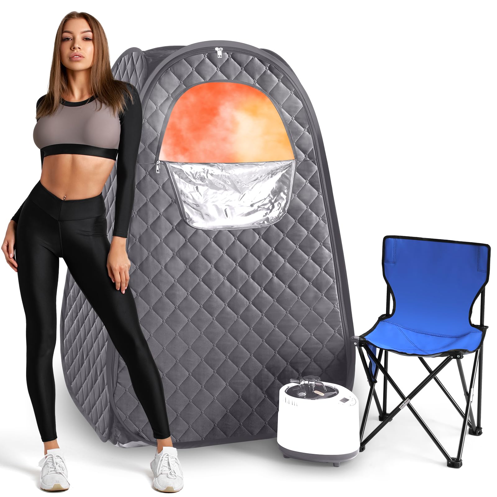 Portable Steam Sauna Tent for Home - 2.6L 1000W Full Body Sauna Box with Steamer, 90 Minute Timer, Chair & Remote Control - Extra Large Personal Sauna for Relaxation, Detox & Weight Loss (Grey)