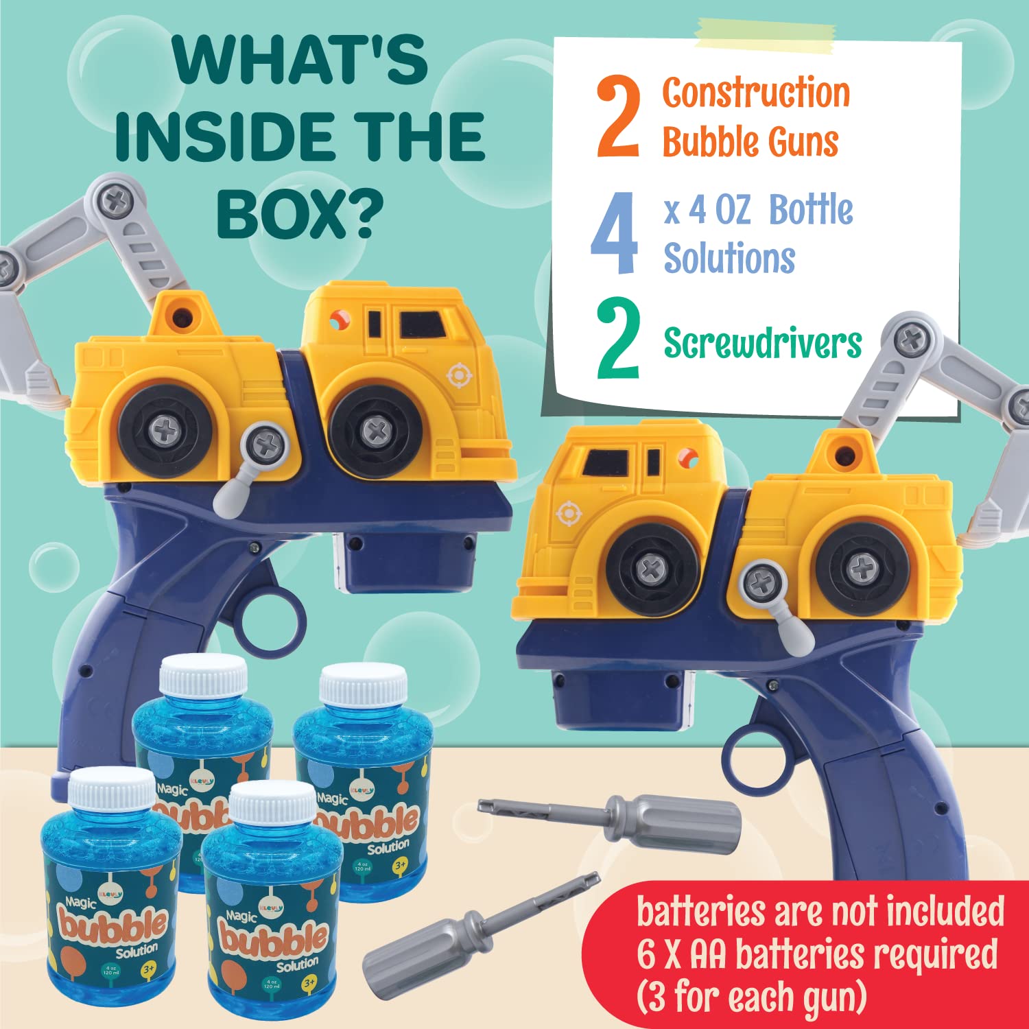 **2-Pack Bubble Blaster Guns with 4 Bubble Solutions – STEM Take Apart Bubble Toys for Toddlers Ages 3-5 | Outdoor Summer Fun, Birthday Gifts, Party Favors for Kids | Bubble Machine & Blower for Backyard, Park & Beach Play**