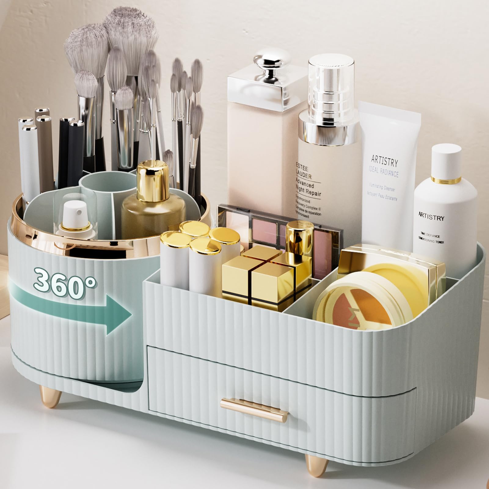 Rotating Makeup Brush Holder with Drawer - Large Countertop Organizer for Makeup Brushes & Skincare Products - Vanity, Desktop, Bathroom Storage Solution (Light Green) | Perfect for Beauty Salon, Home Makeup Station & Travel Cosmetic Organization