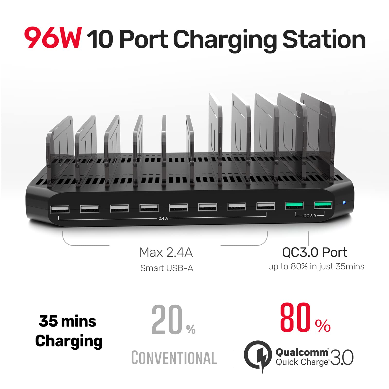 Unitek 6-Port USB Charging Station with Quick Charge 3.0 | Multi-Device Charger Dock for iPhone, Android, iPad, Tablet | Space-Saving Charger Organizer Stand with Dividers | Perfect for Home, Office & Travel Use