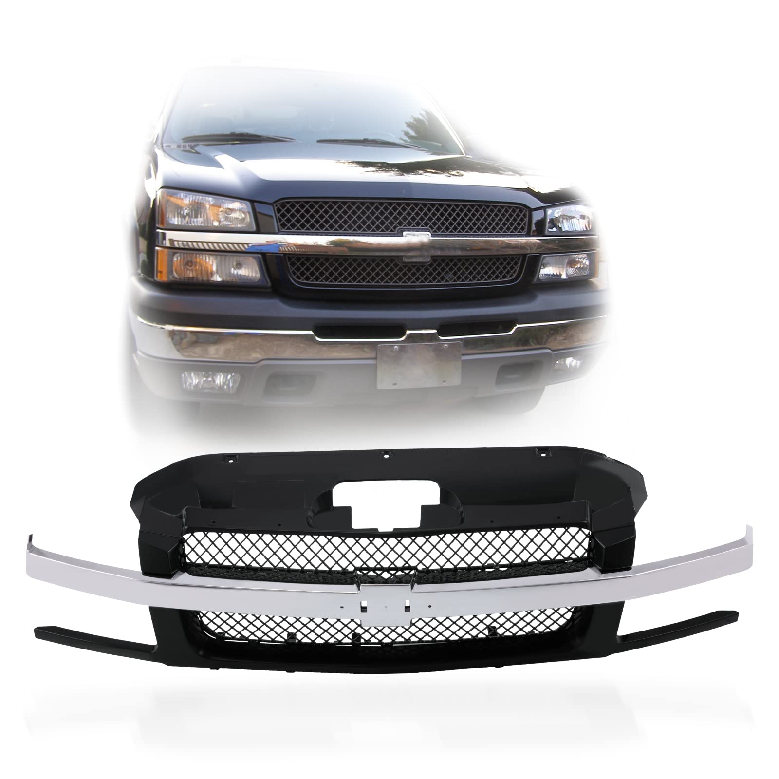 Perfit Liner Front Black Grille with Chrome Center Bar for 2002-2006 Chevy Avalanche 1500/2500 Series | GM1200543 & 88968960 Replacement | Perfect for Off-Road & Truck Customization