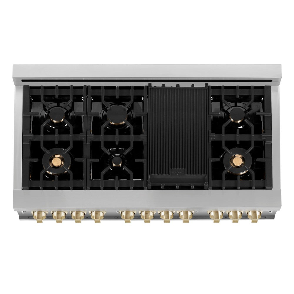 ZLINE Autograph Edition 48-inch Stainless Steel Dual Fuel Range with Range Hood & Dishwasher - Polished Gold Accents (3AKP RARHDWM48 G) | Professional Kitchen Package for Home Chefs & Modern Cooking Enthusiasts