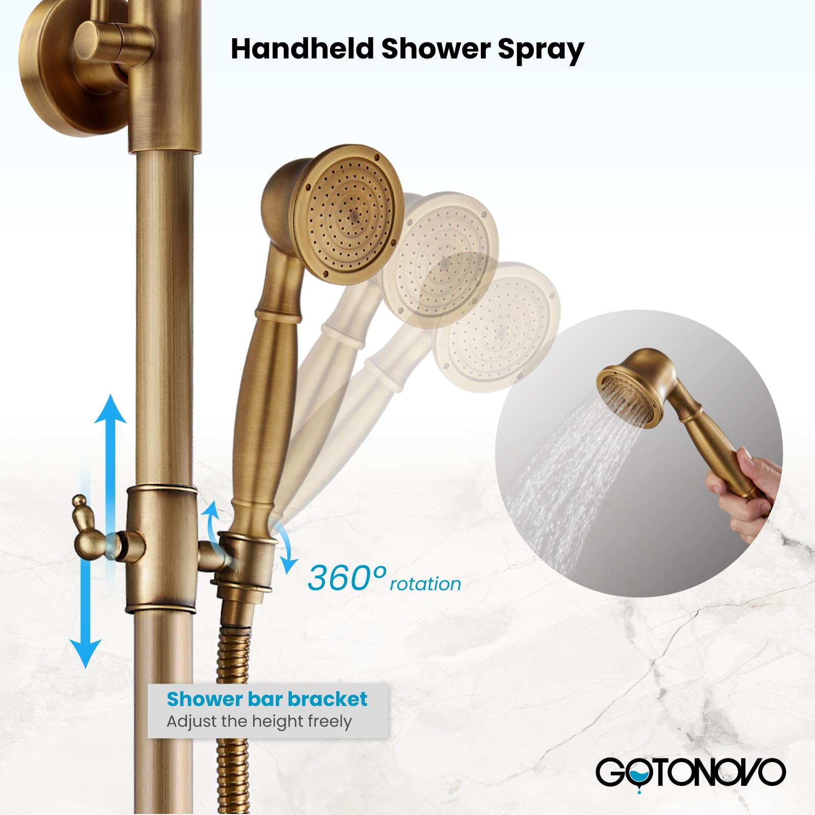 Gotonovo 8 Inch Round Rain Shower Head with Double Cross Handle & Tub Spout - 3 Function Wall Mounted Bathroom Shower Faucet Set in Antique Brass - Perfect for Modern & Vintage Bathroom Renovations