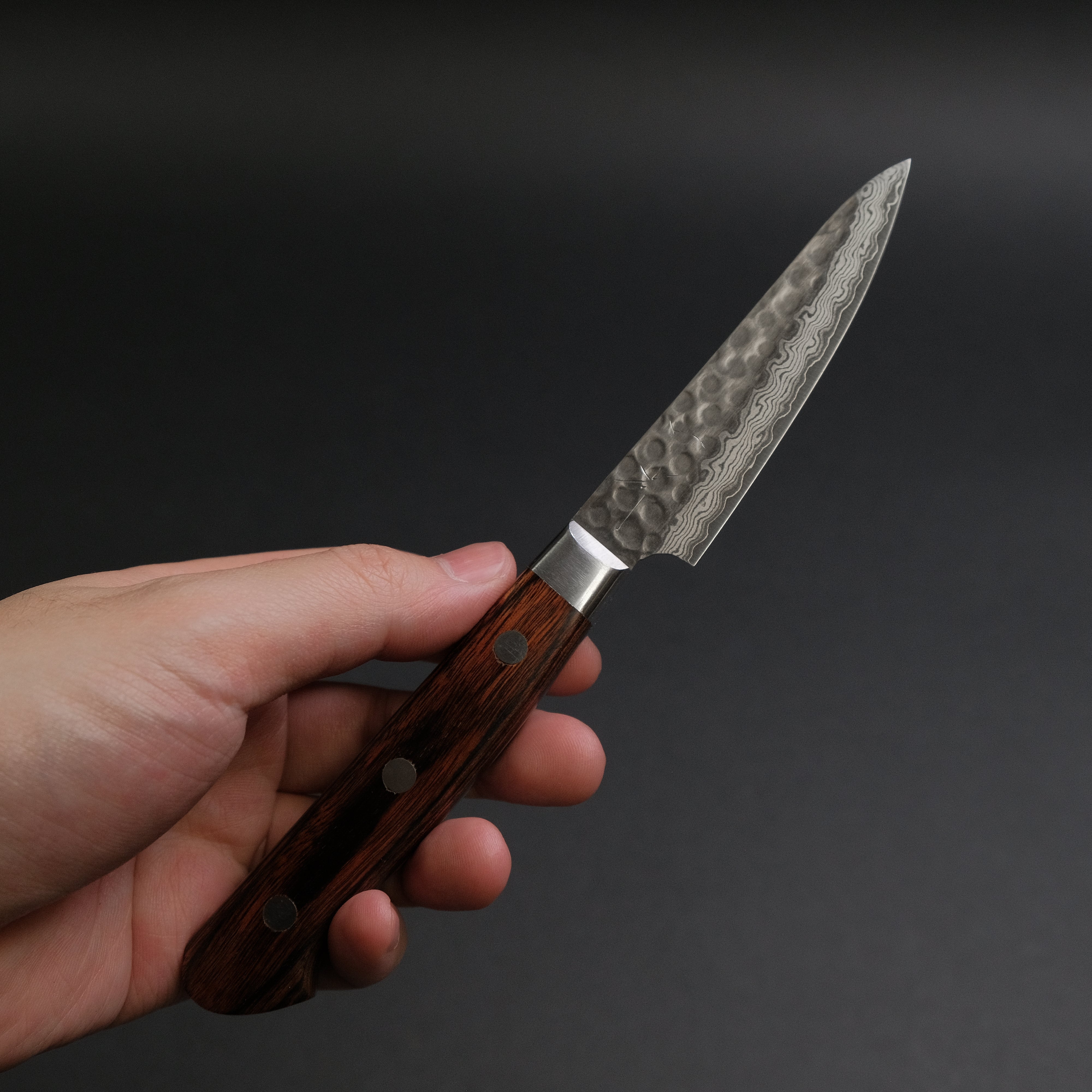 Hitohira HG Tsuchime Damascus 85mm Paring Knife - Imitation Mahogany Handle - Premium Japanese Kitchen Knife for Precise Peeling, Slicing & Garnishing