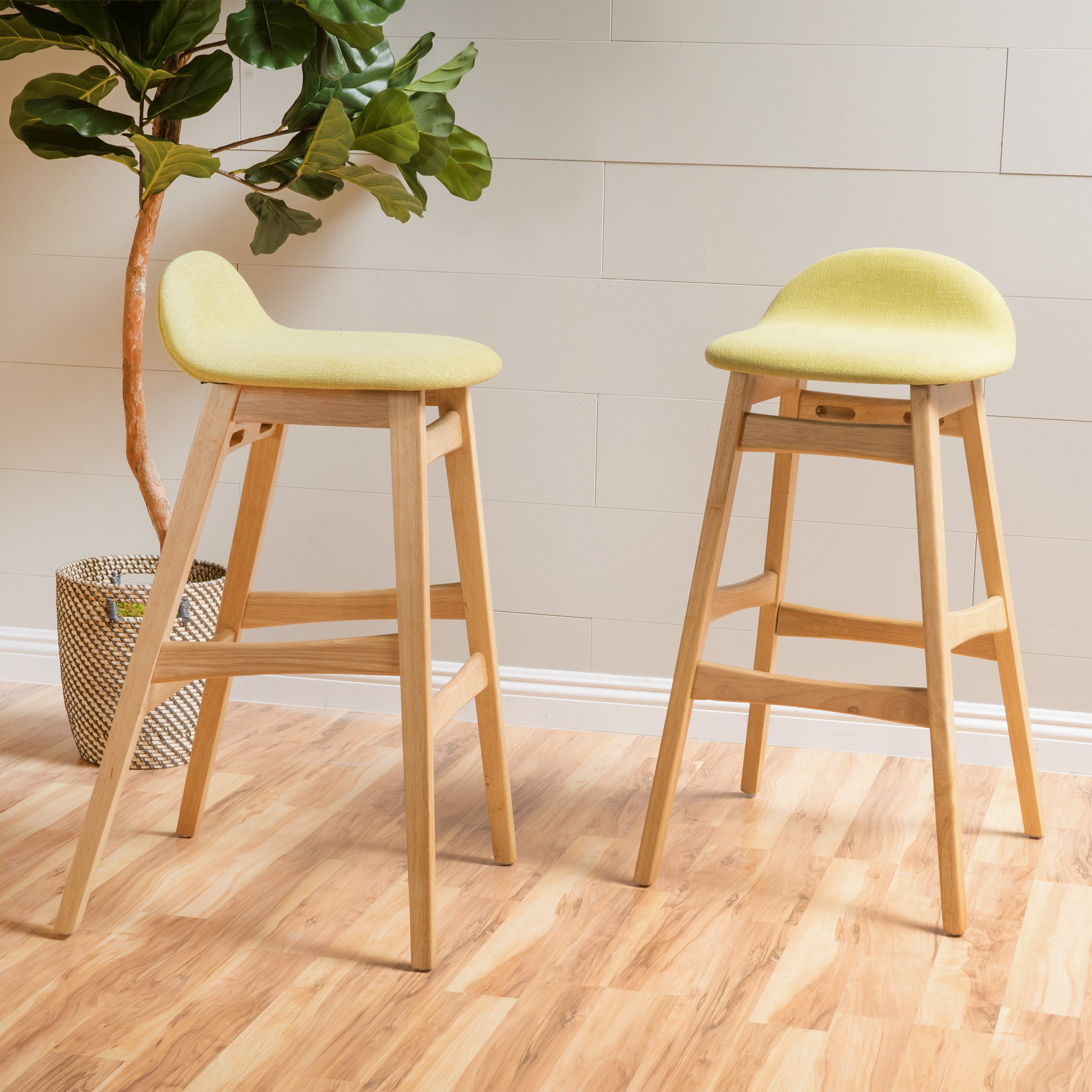 Christopher Knight Home Moria Fabric & Oak Finish Bar Stools - Set of 2, Green Tea - Counter Height Stools for Kitchen Island, Breakfast Bar & Home Decor