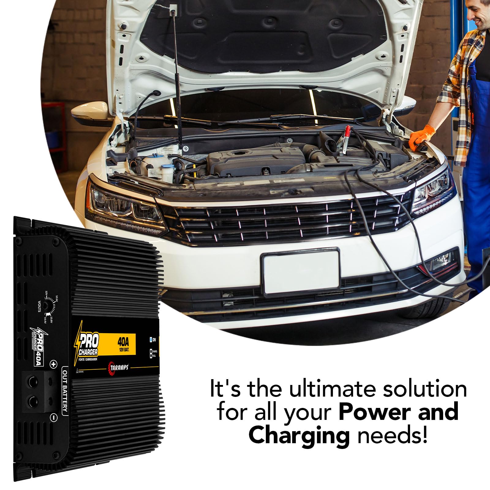 Taramps Pro 40A Battery Charger - 560W Max Output, Bivolt 127/220VAC Input with LED Indicator - High Power Car Audio System Charger for Vehicles, Boats & RVs