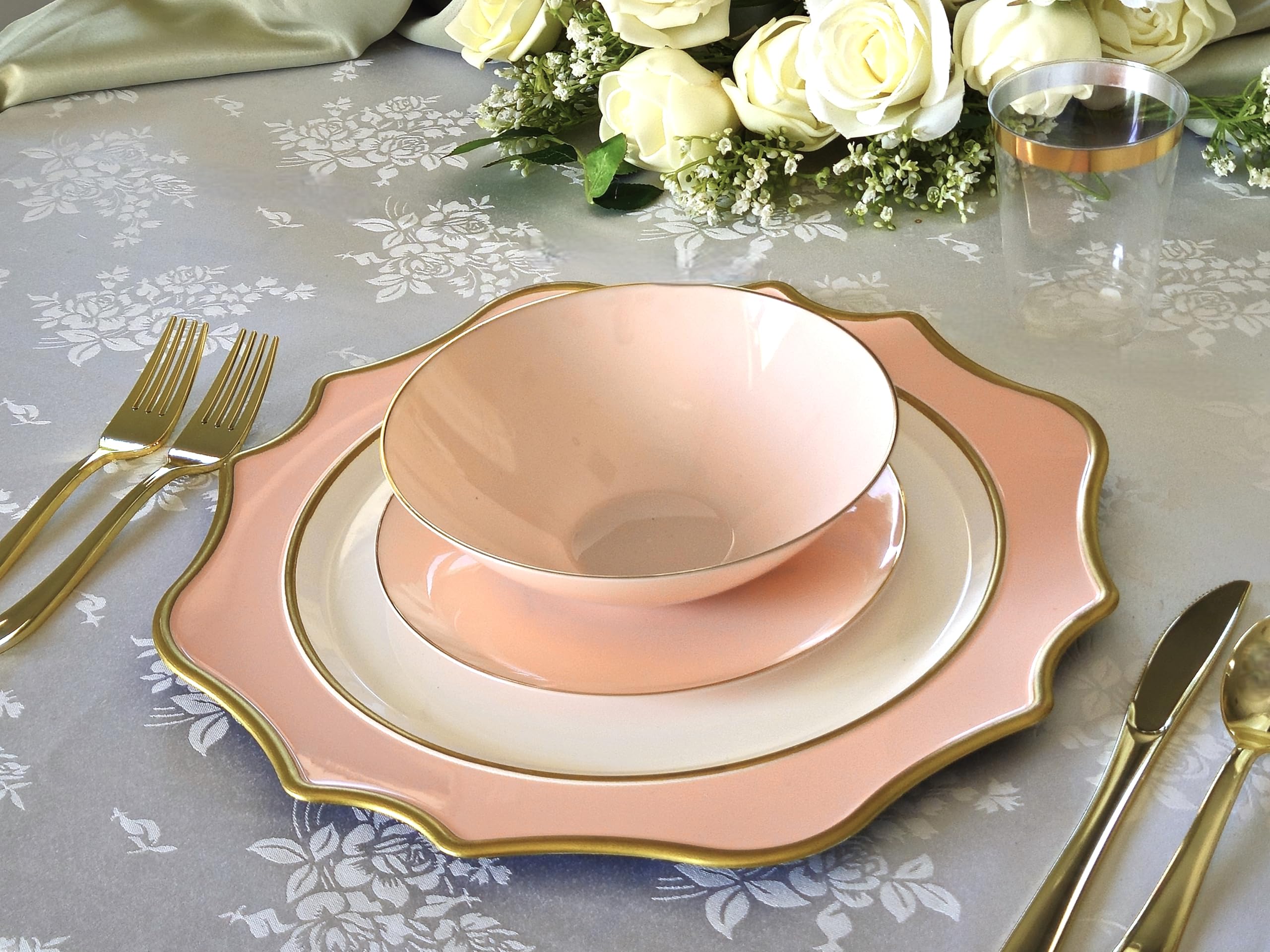 240-Pack Disposable Plastic Plates for Weddings & Parties – 7.5'' Appetizer/Dessert Plates in Bali Blush & Gold – Perfect for Birthday Celebrations, Bridal Showers, and Catering Events